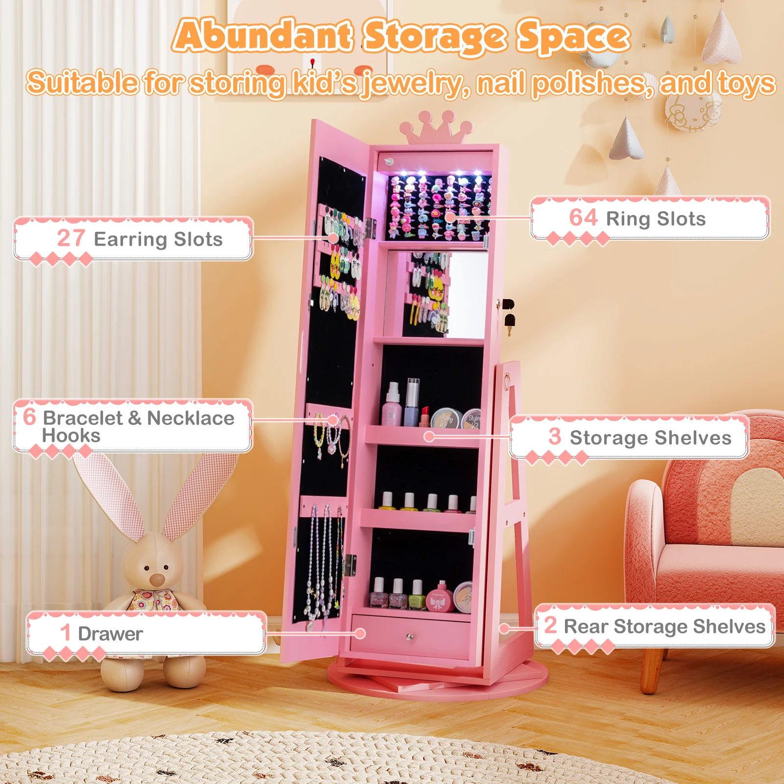 3 In 1 Kids Jewelry Cabinet, With Lighted Full Length Mirror, Pink - Image 9