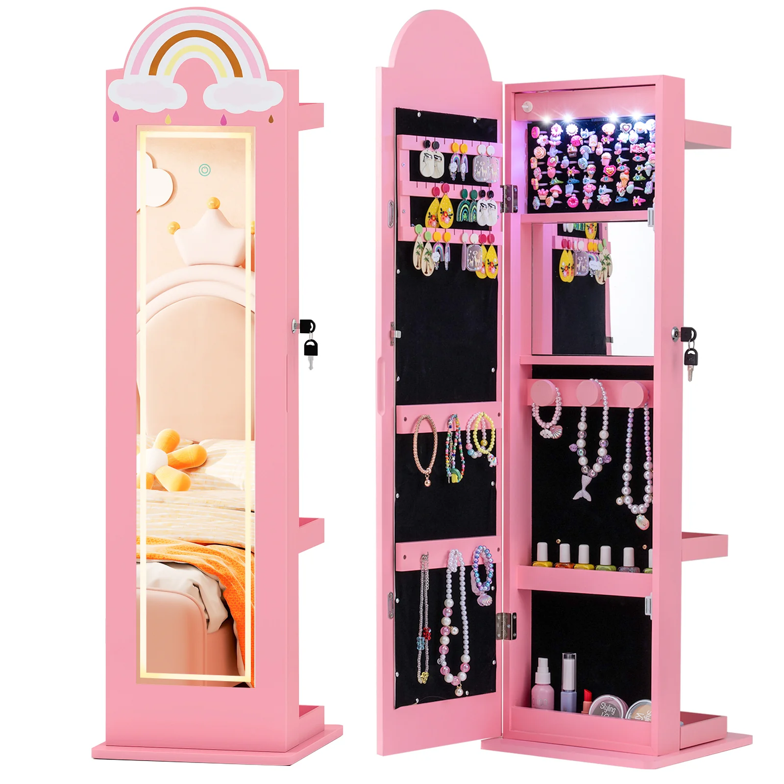 3 In 1 Kids Jewelry Cabinet With Lighted Mirror, Pink - Image 4
