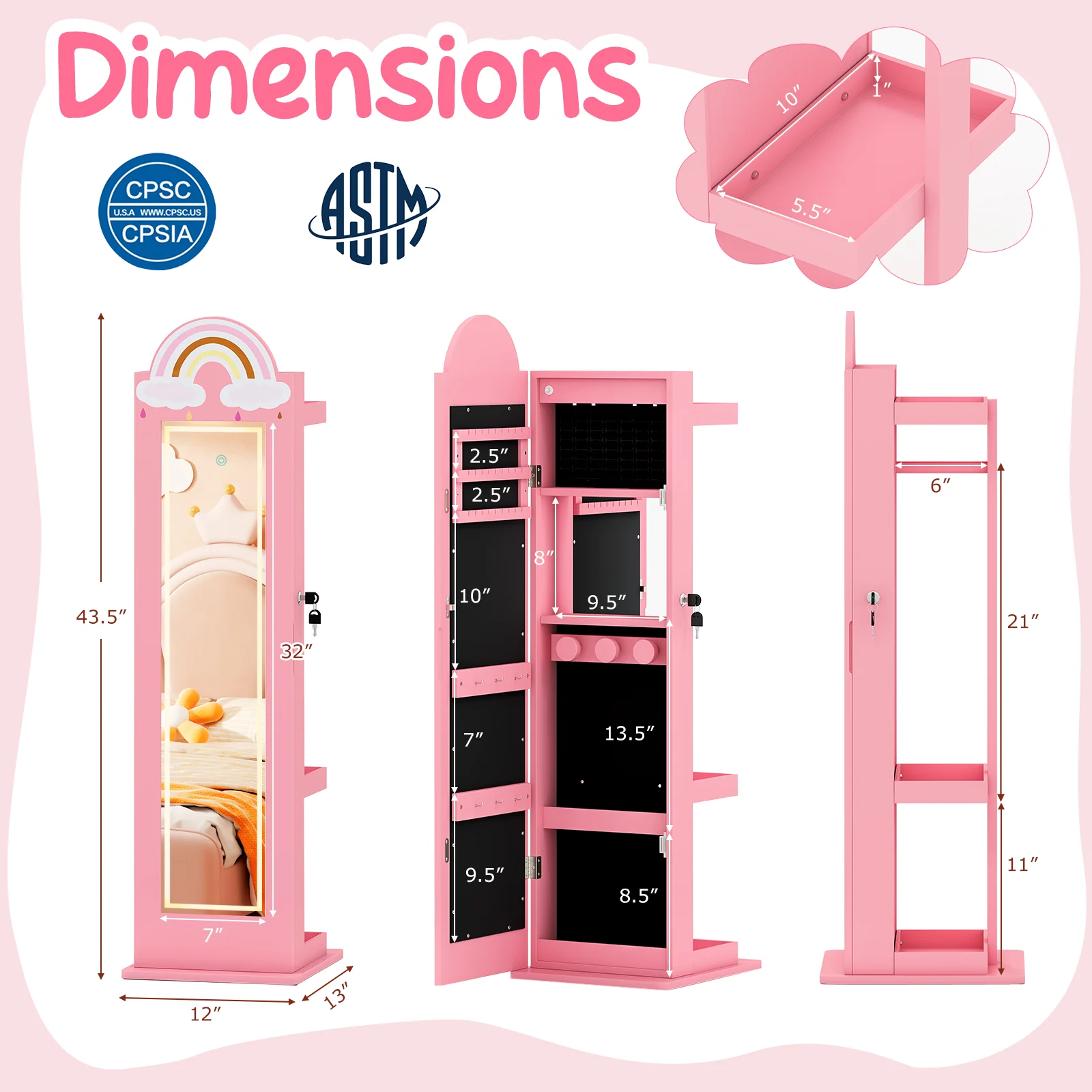 3 In 1 Kids Jewelry Cabinet With Lighted Mirror, Pink - Image 6