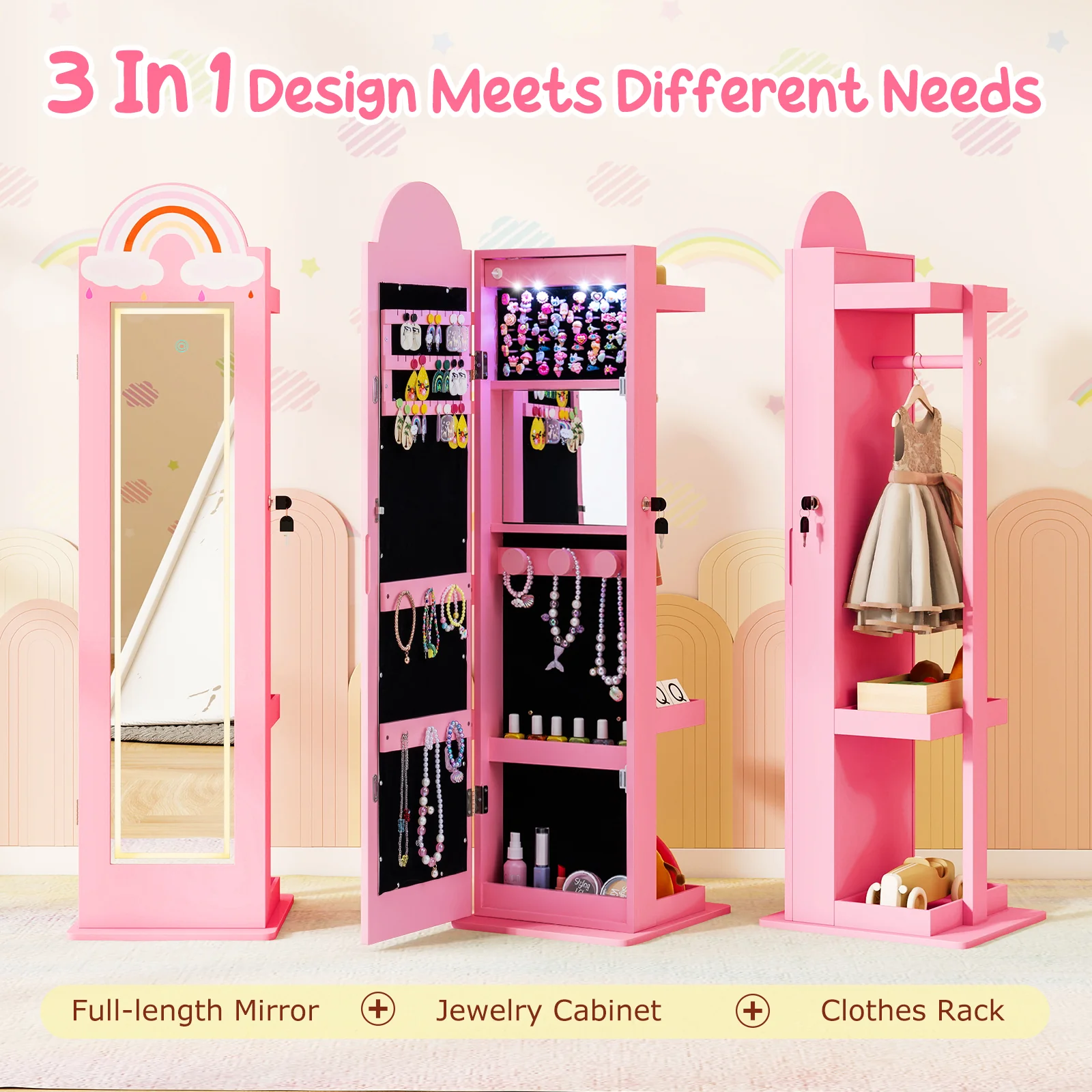 3 In 1 Kids Jewelry Cabinet With Lighted Mirror, Pink - Image 8