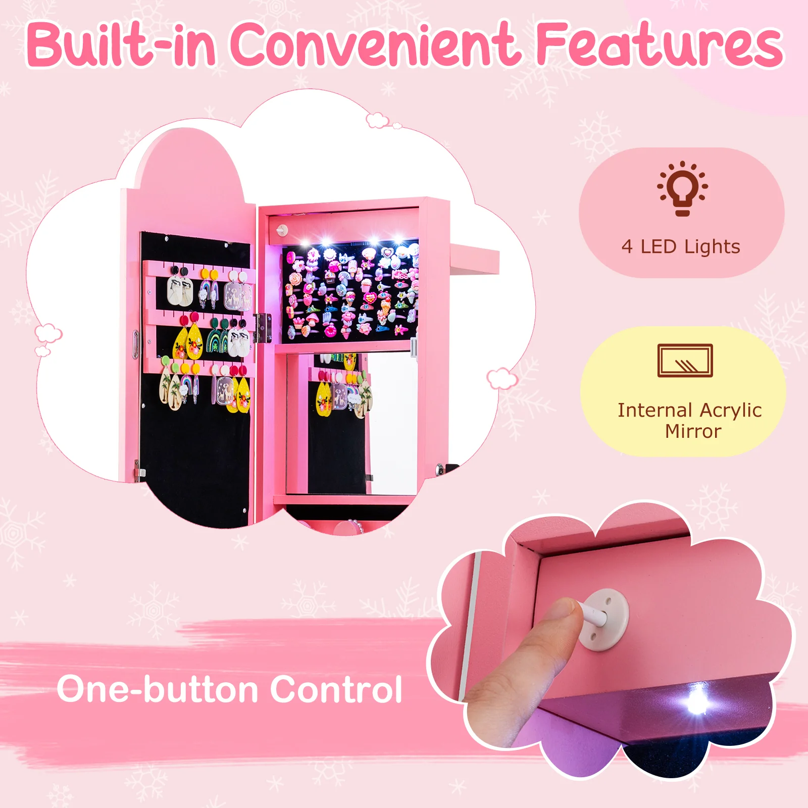 3 In 1 Kids Jewelry Cabinet With Lighted Mirror, Pink - Image 9