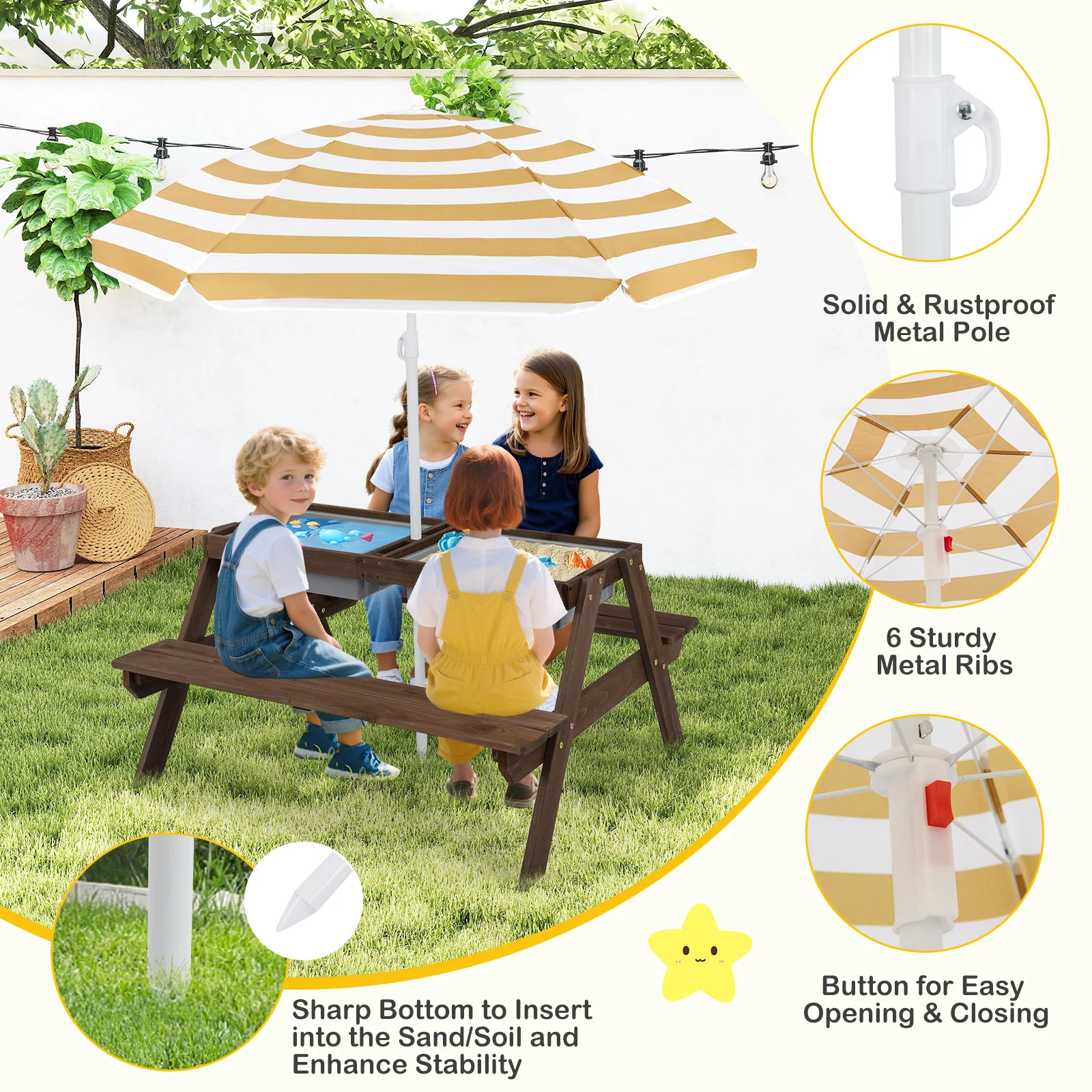 3-In-1 Kids Outdoor Picnic Water Sand Table, Coffee - Image 10