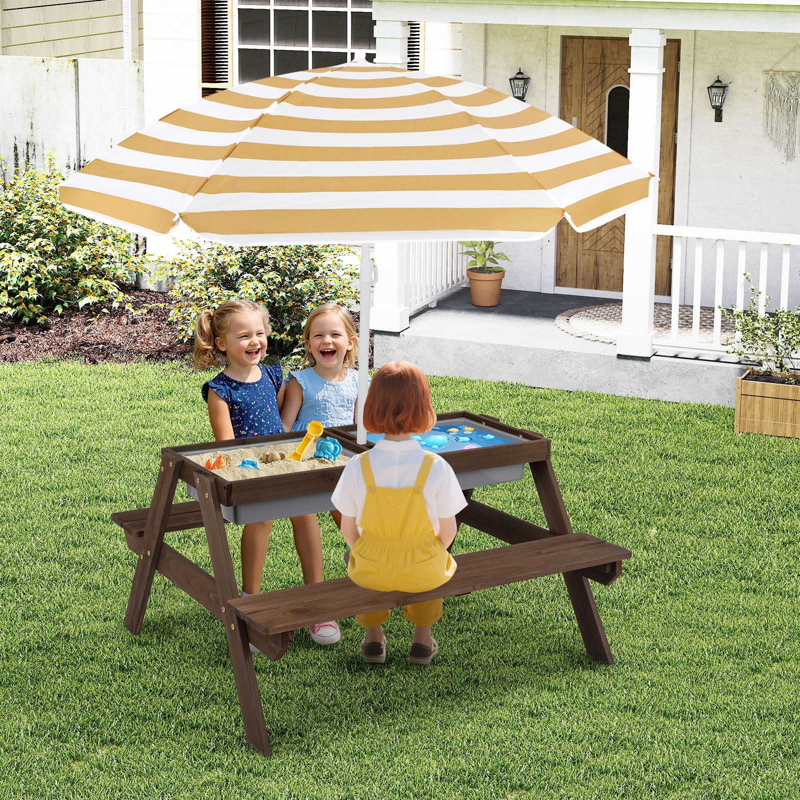 3-In-1 Kids Outdoor Picnic Water Sand Table, Coffee - Image 2