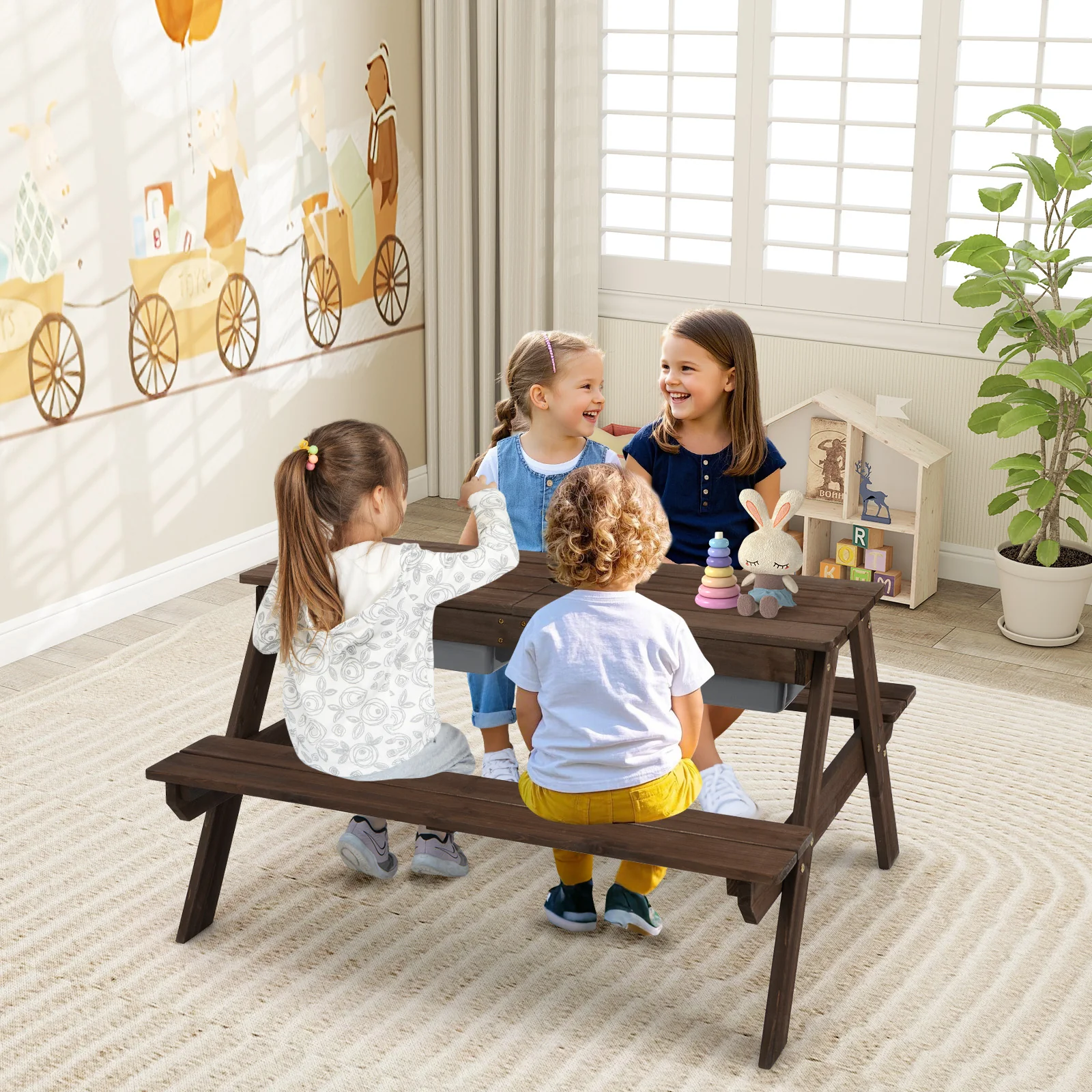 3-In-1 Kids Outdoor Picnic Water Sand Table, Coffee - Image 3