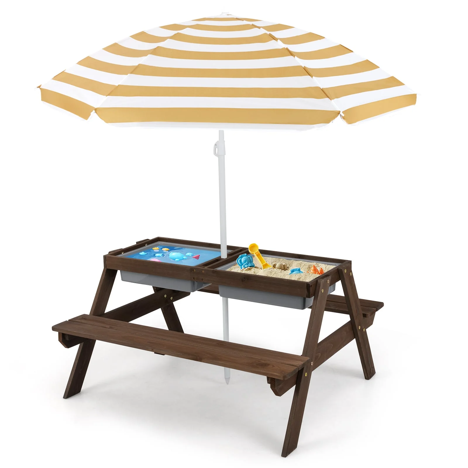 3-In-1 Kids Outdoor Picnic Water Sand Table, Coffee - Image 4