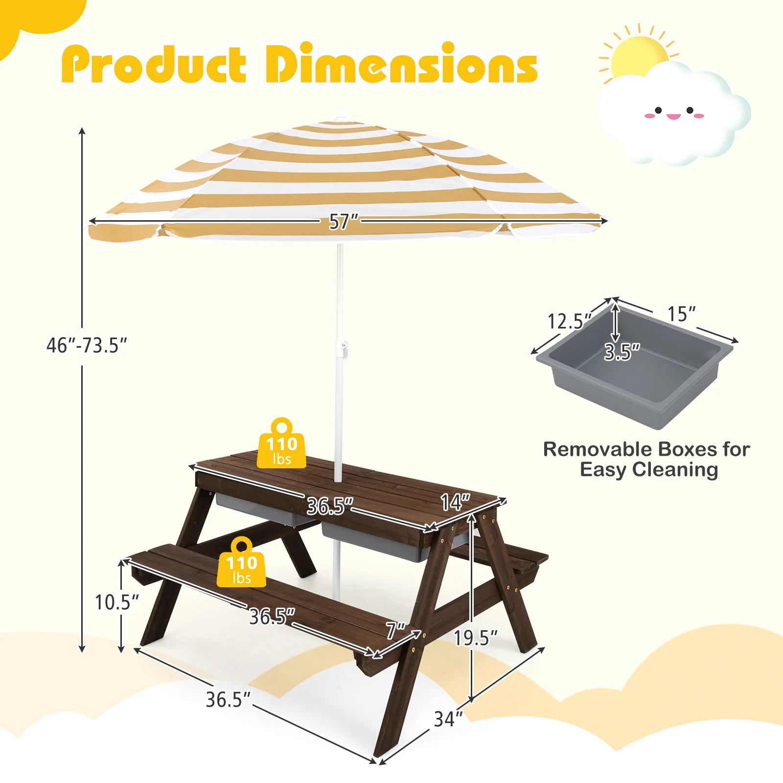 3-In-1 Kids Outdoor Picnic Water Sand Table, Coffee - Image 5
