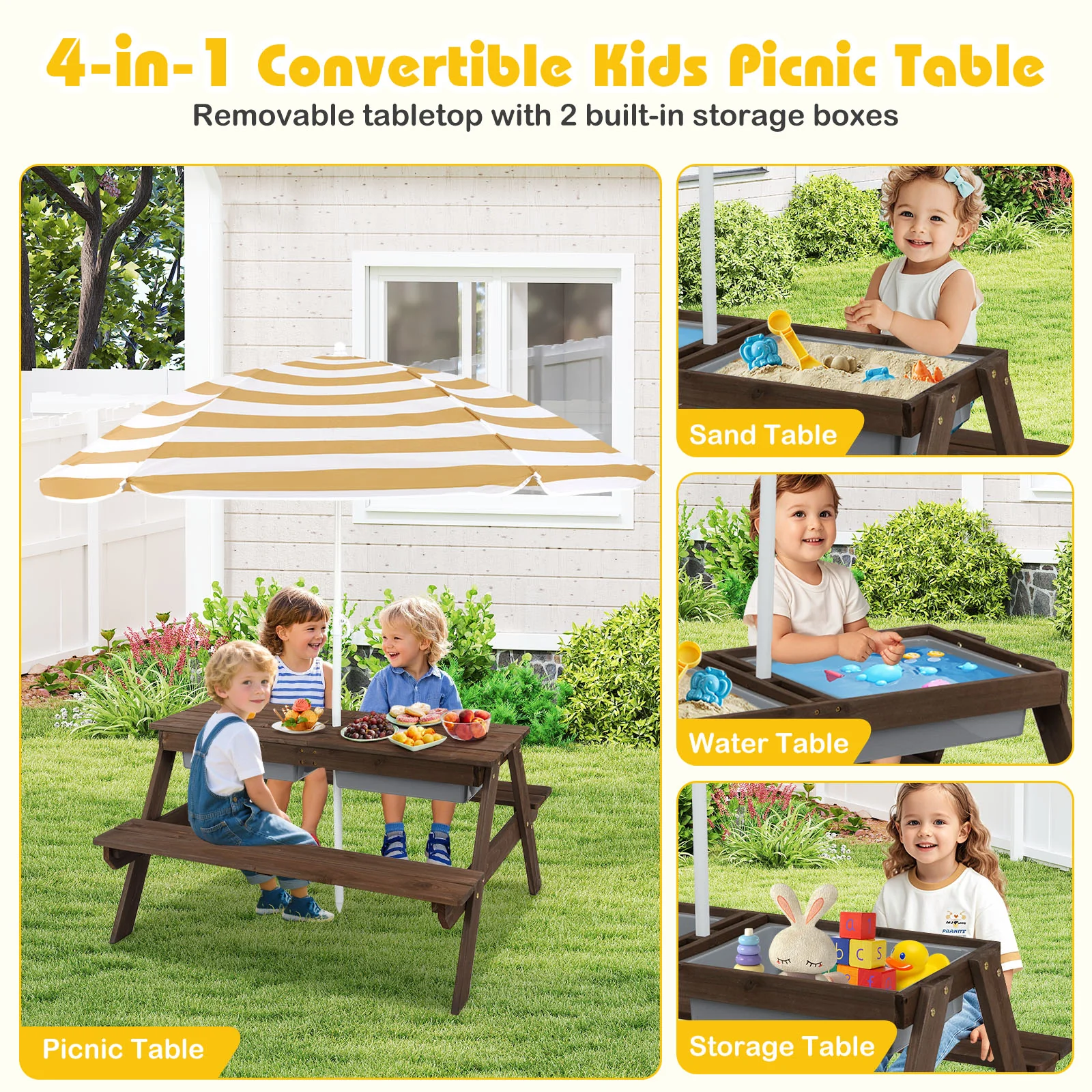 3-In-1 Kids Outdoor Picnic Water Sand Table, Coffee - Image 6