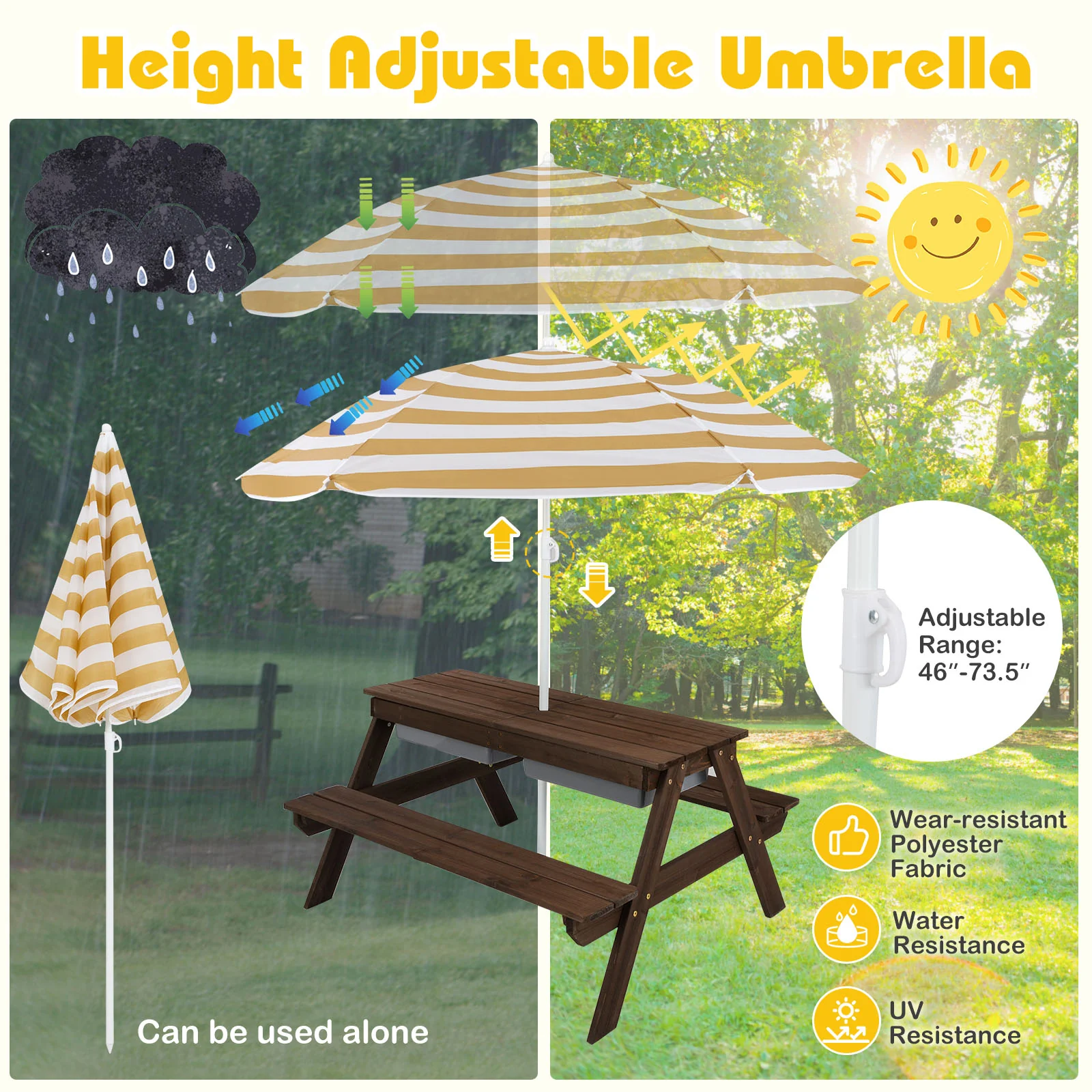 3-In-1 Kids Outdoor Picnic Water Sand Table, Coffee - Image 7