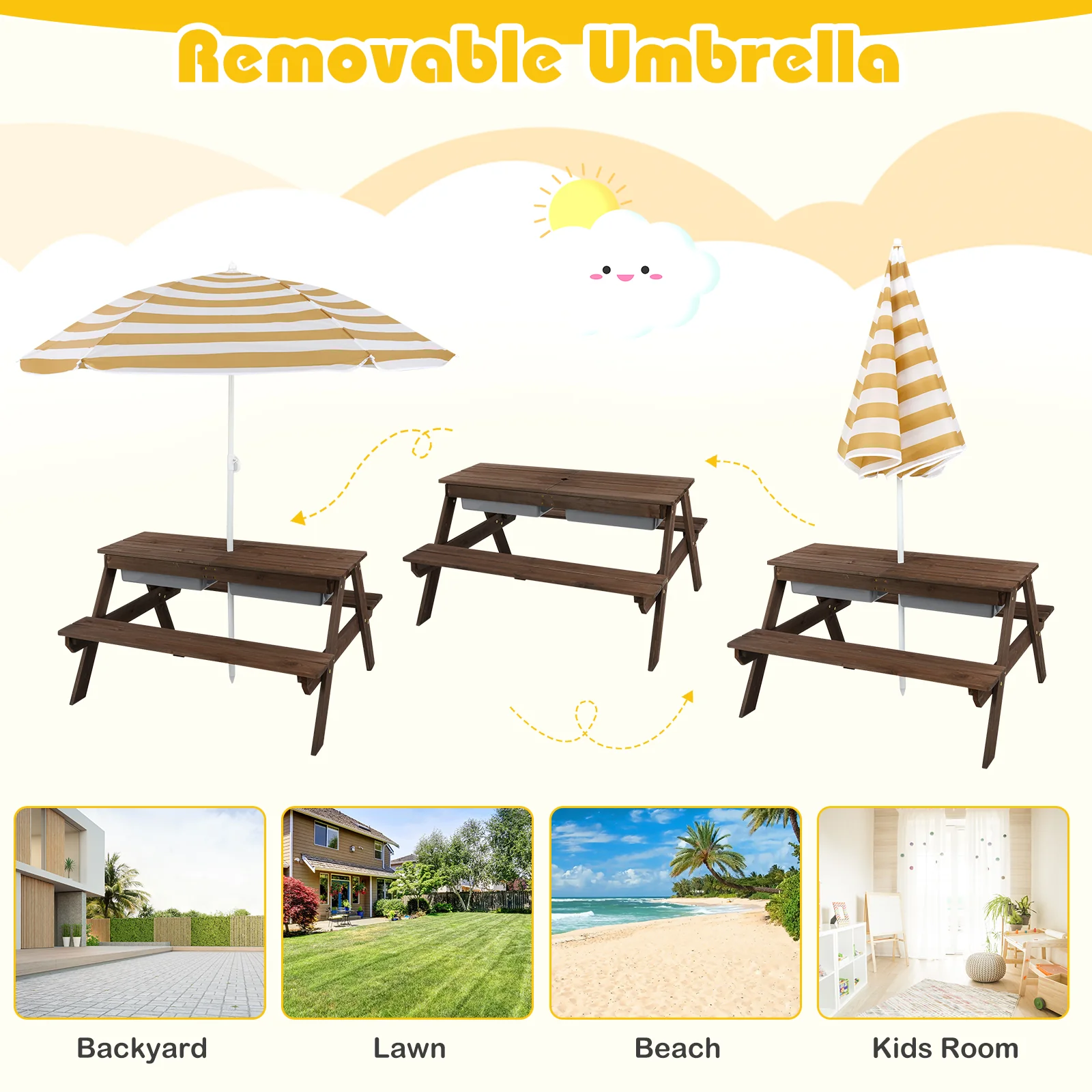 3-In-1 Kids Outdoor Picnic Water Sand Table, Coffee - Image 8
