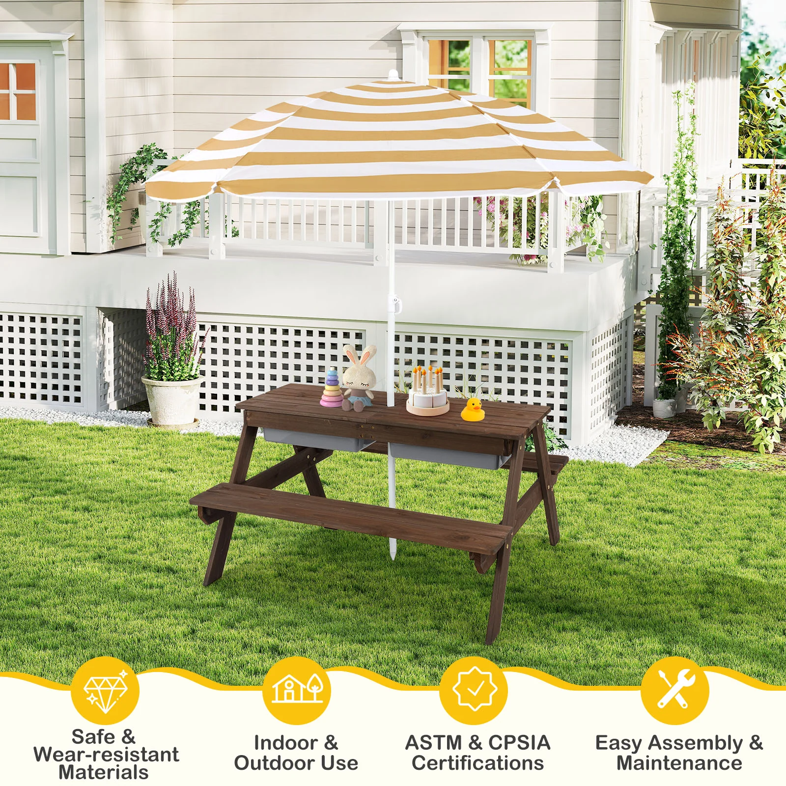 3-In-1 Kids Outdoor Picnic Water Sand Table, Coffee - Image 9