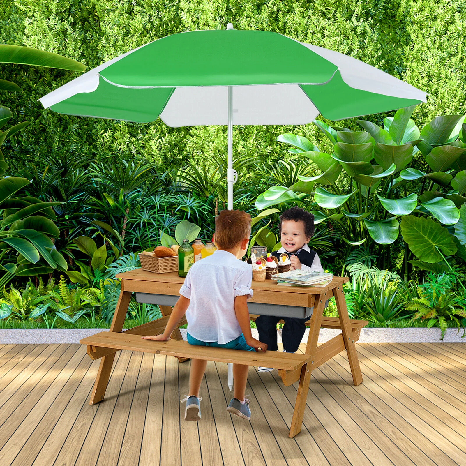 3-In-1 Kids Outdoor Picnic Water Sand Table, Green - Image 2