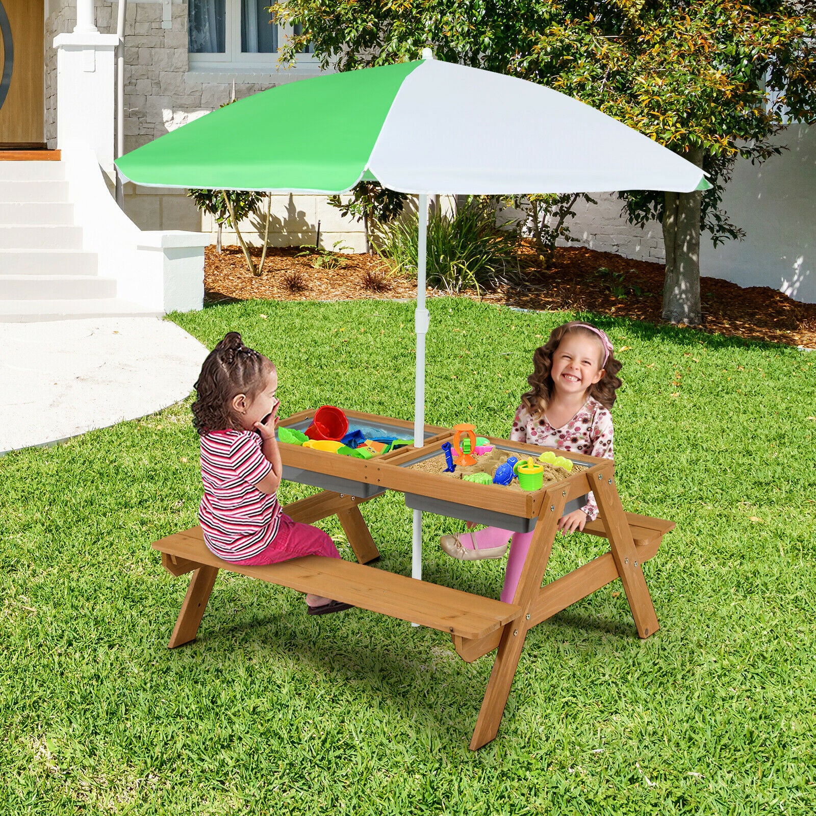 3-In-1 Kids Outdoor Picnic Water Sand Table, Green - Image 3