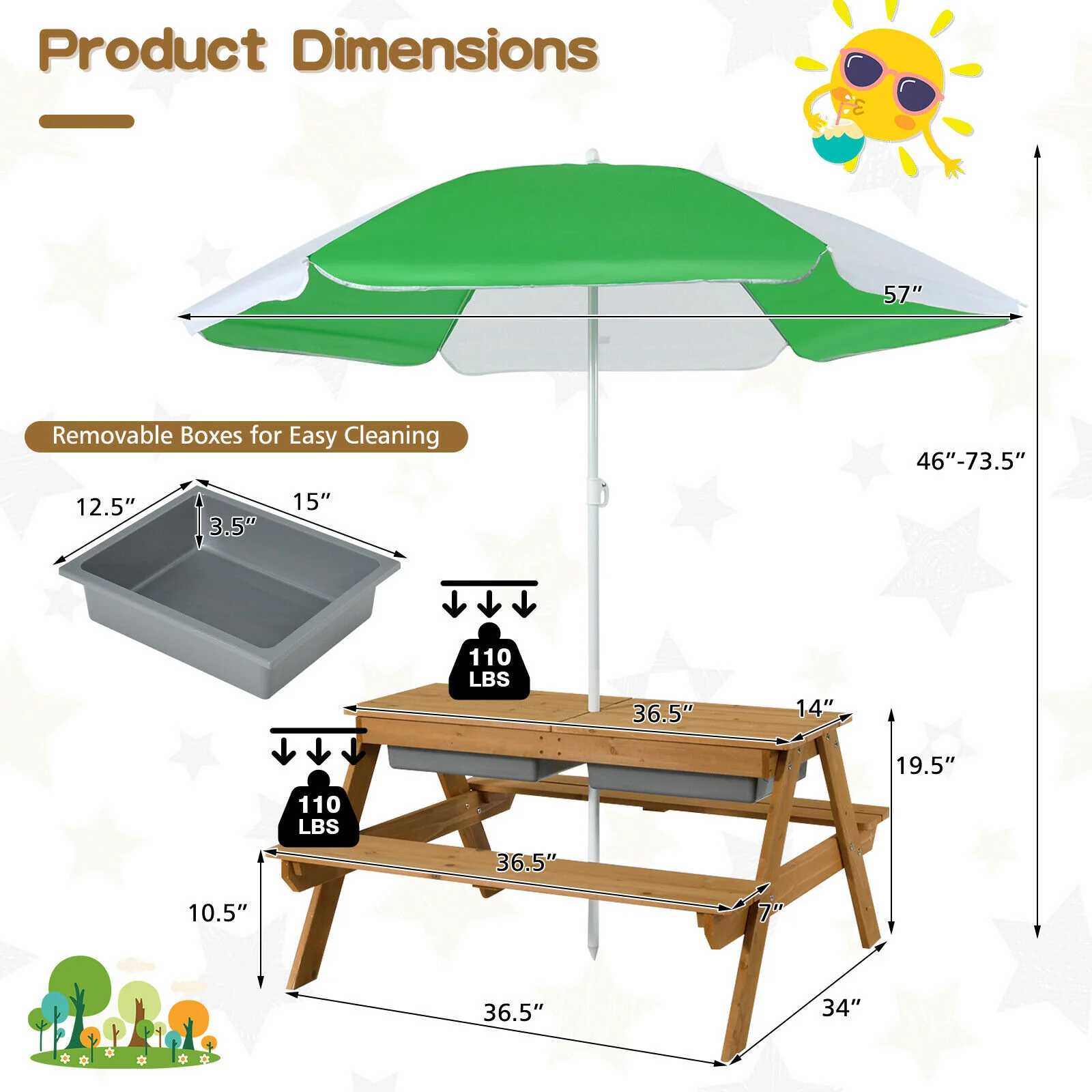 3-In-1 Kids Outdoor Picnic Water Sand Table, Green - Image 5