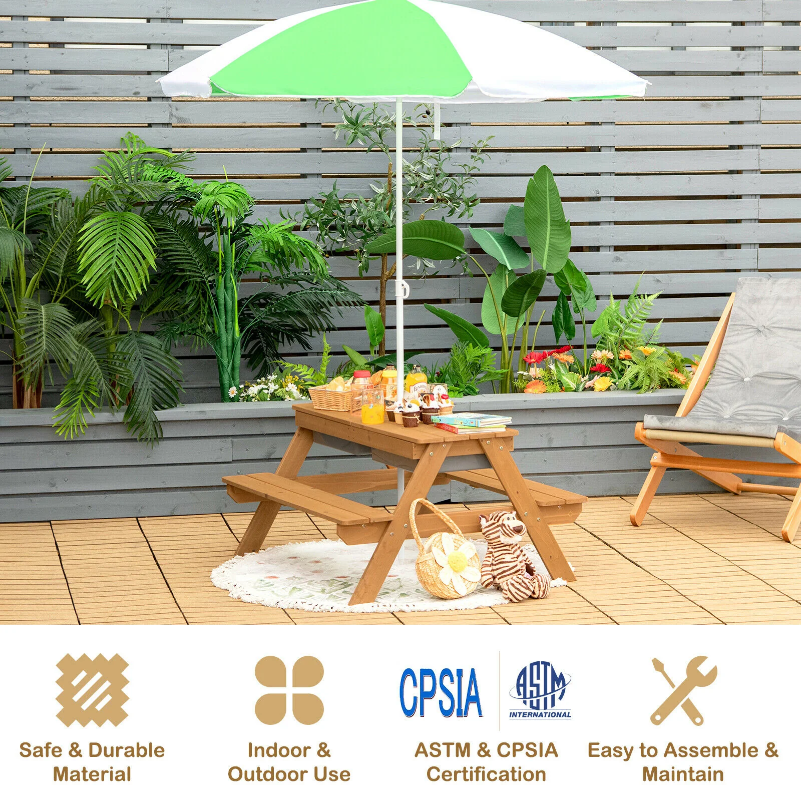 3-In-1 Kids Outdoor Picnic Water Sand Table, Green - Image 7