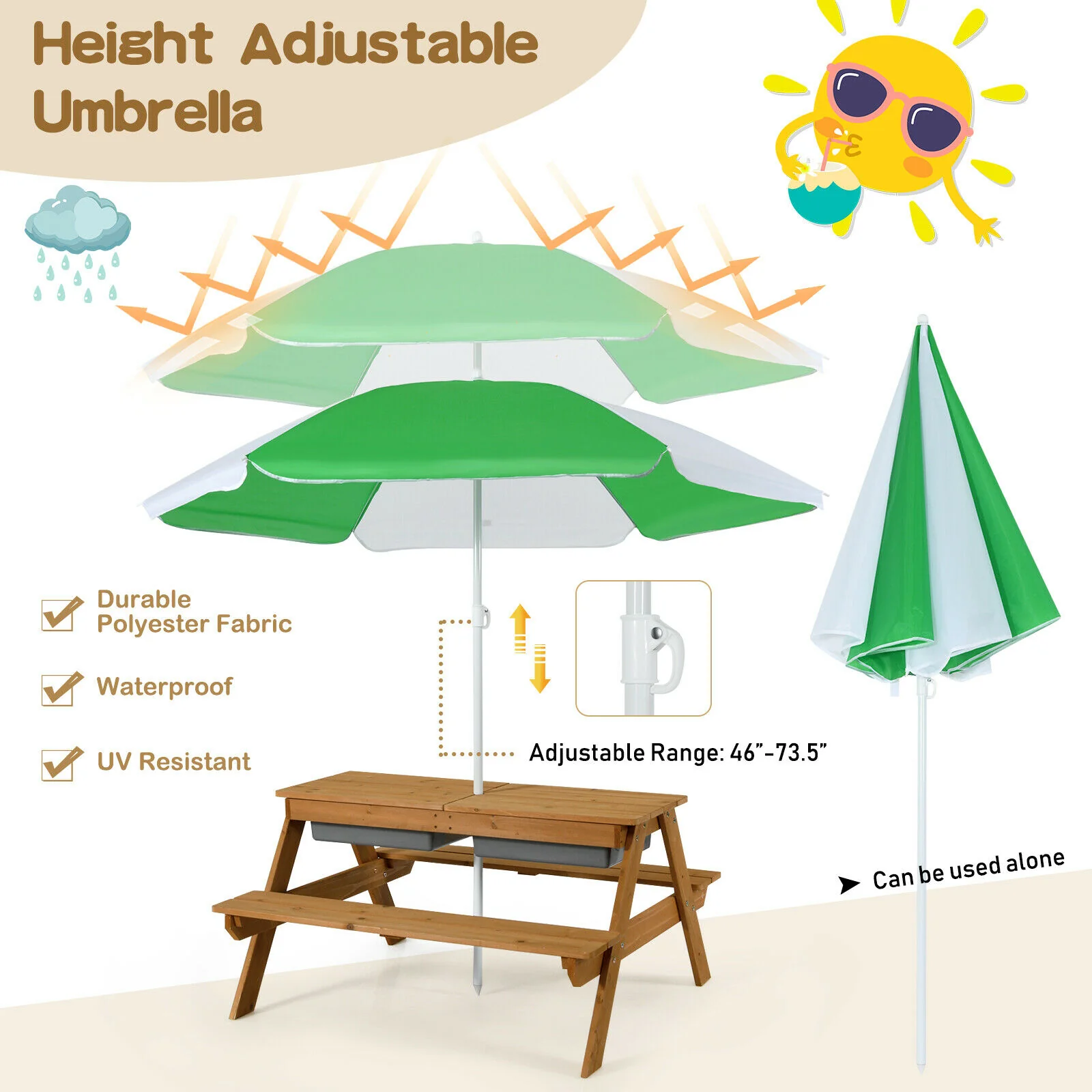 3-In-1 Kids Outdoor Picnic Water Sand Table, Green - Image 8