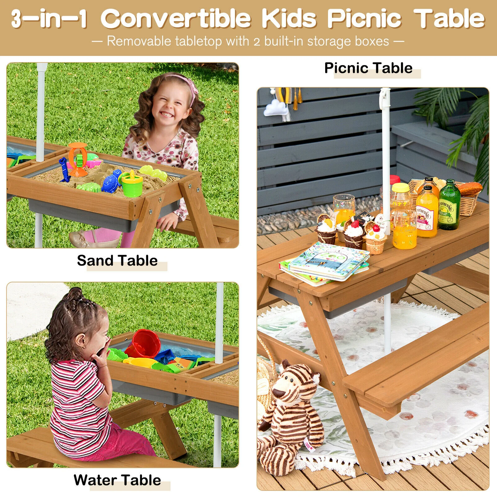 3-In-1 Kids Outdoor Picnic Water Sand Table, Green - Image 9