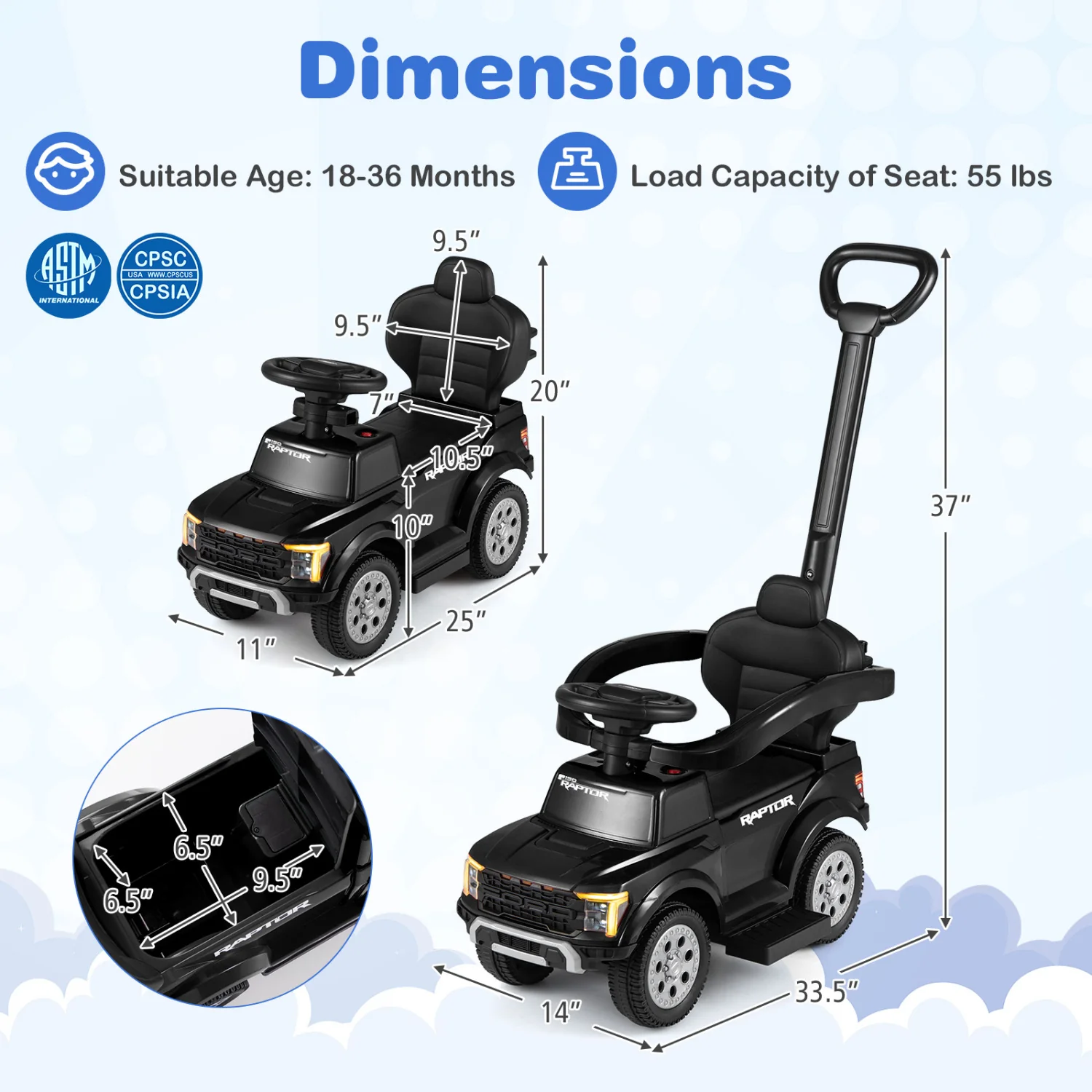 3-In-1 Licensed Ford Push Car For Toddlers, Black - Image 4