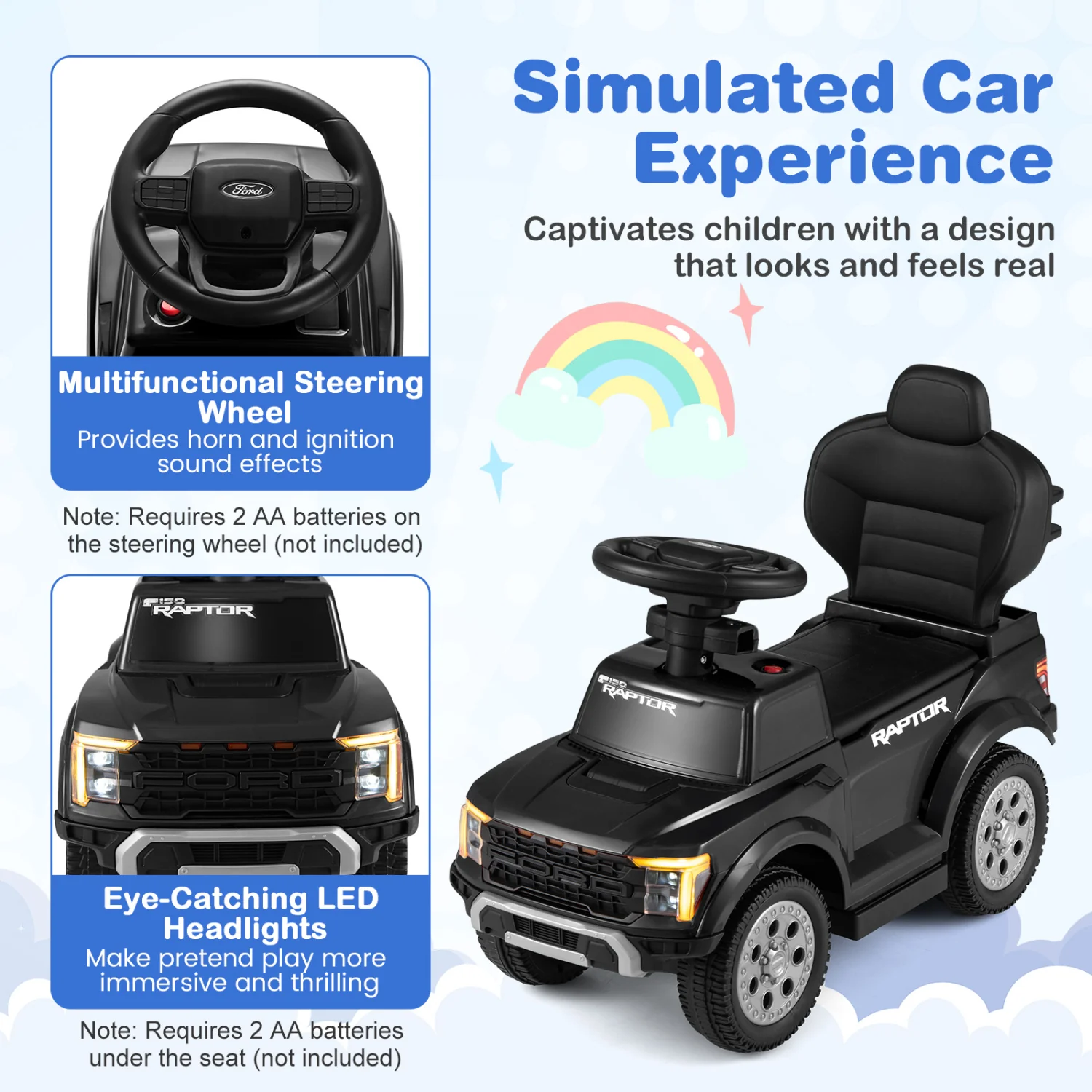 3-In-1 Licensed Ford Push Car For Toddlers, Black - Image 7