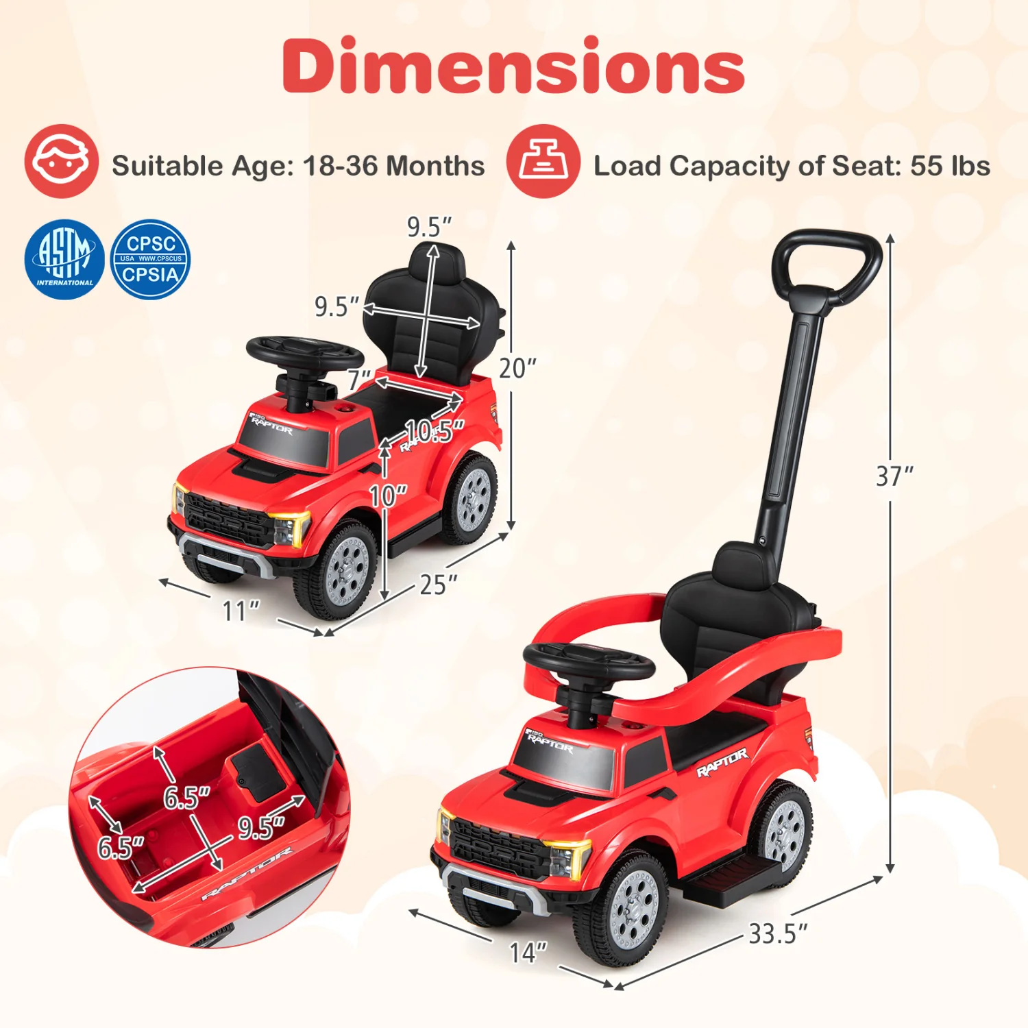3-In-1 Licensed Ford Push Car, Red - Image 4