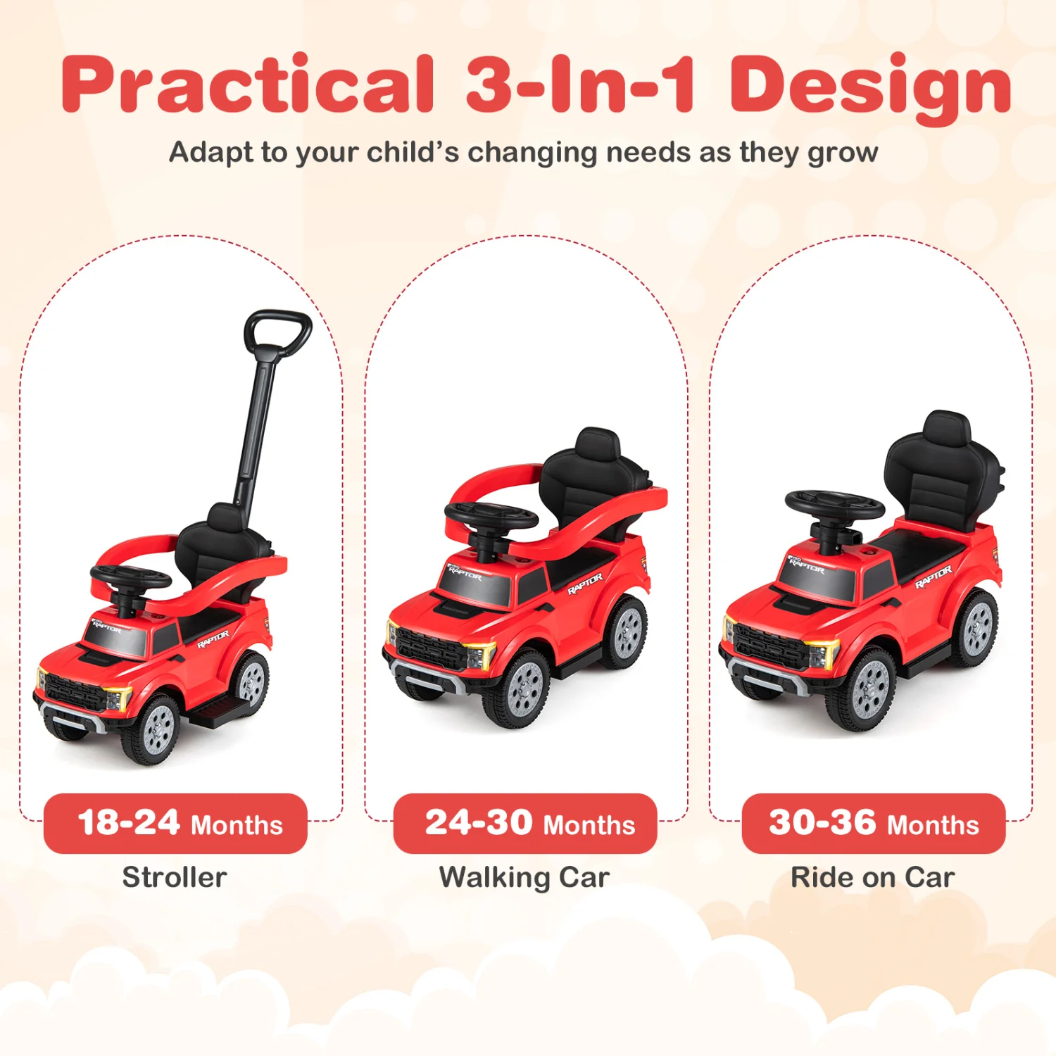 3-In-1 Licensed Ford Push Car, Red - Image 5
