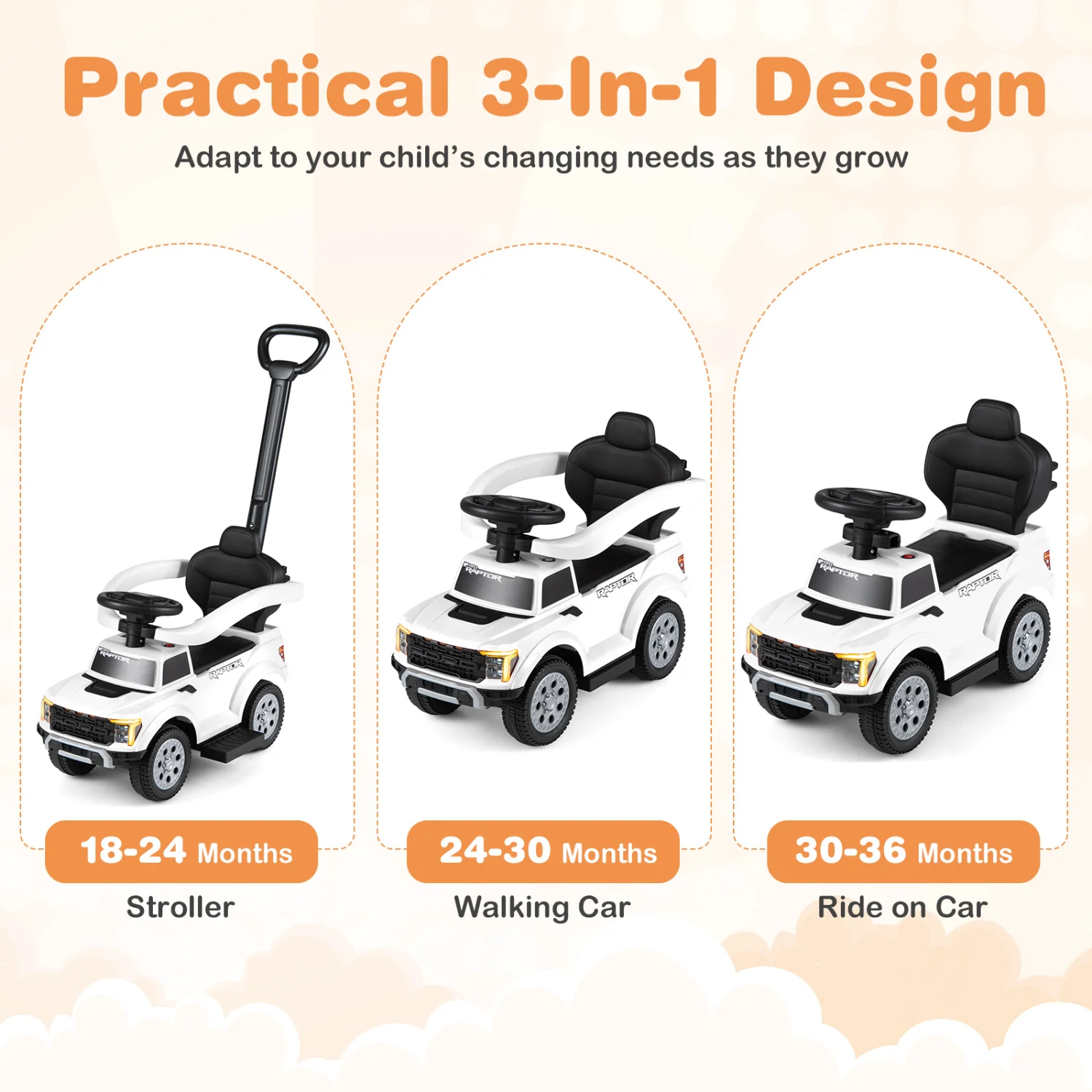 3-In-1 Licensed Ford Push Car, White - Image 5