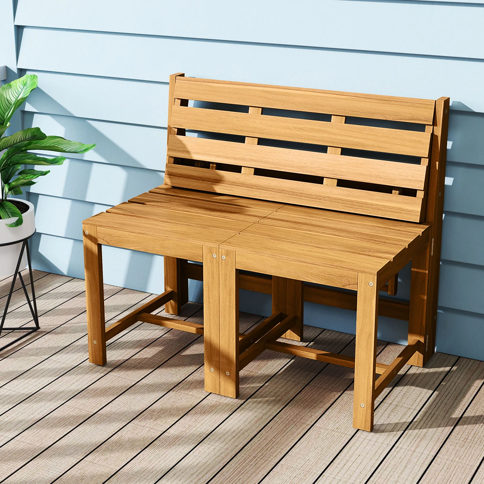 3-In-1 Outdoor Acacia Wood Loveseat Bench, Slatted Seat - Image 2