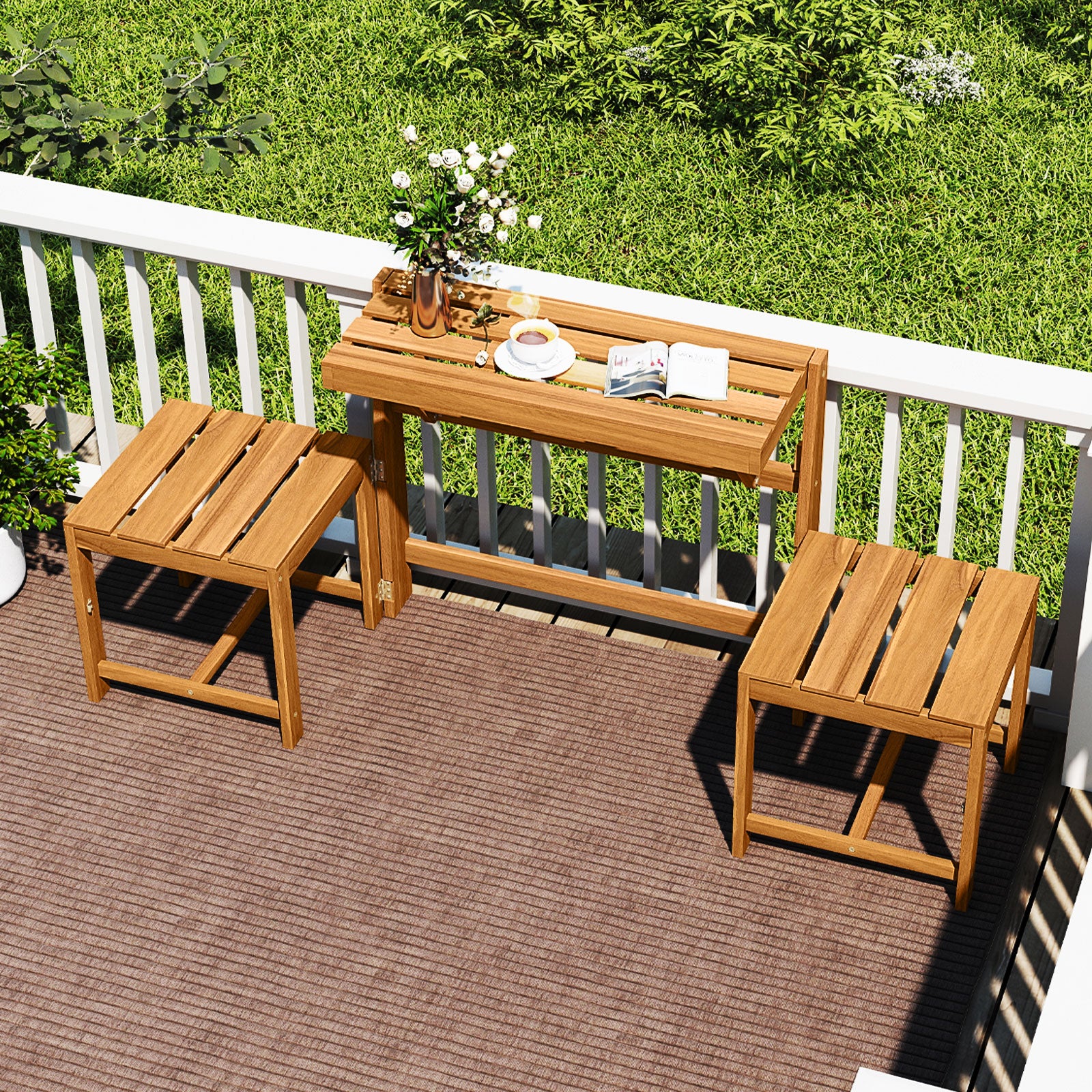 3-In-1 Outdoor Acacia Wood Loveseat Bench, Slatted Seat - Image 3