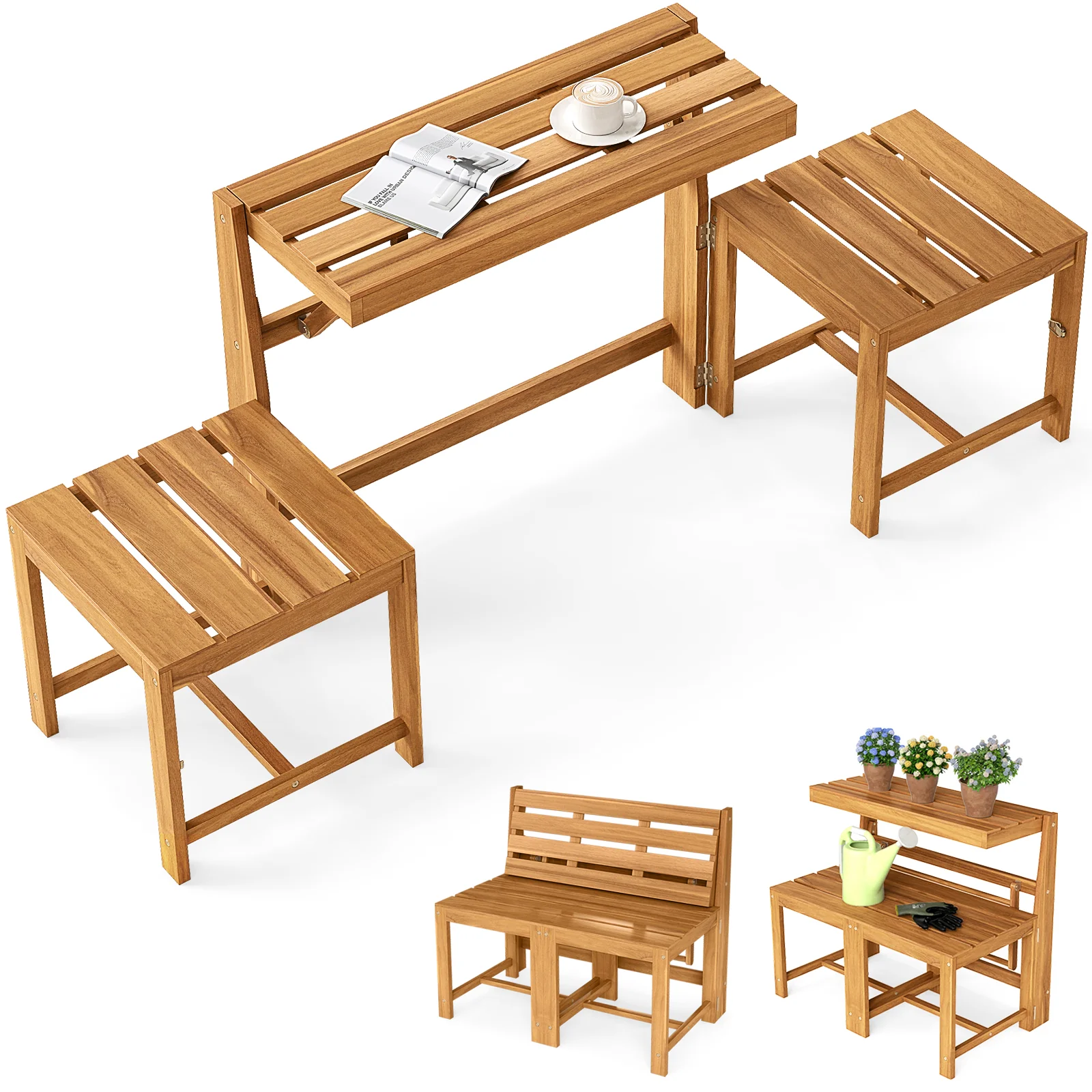 3-In-1 Outdoor Acacia Wood Loveseat Bench, Slatted Seat - Image 5