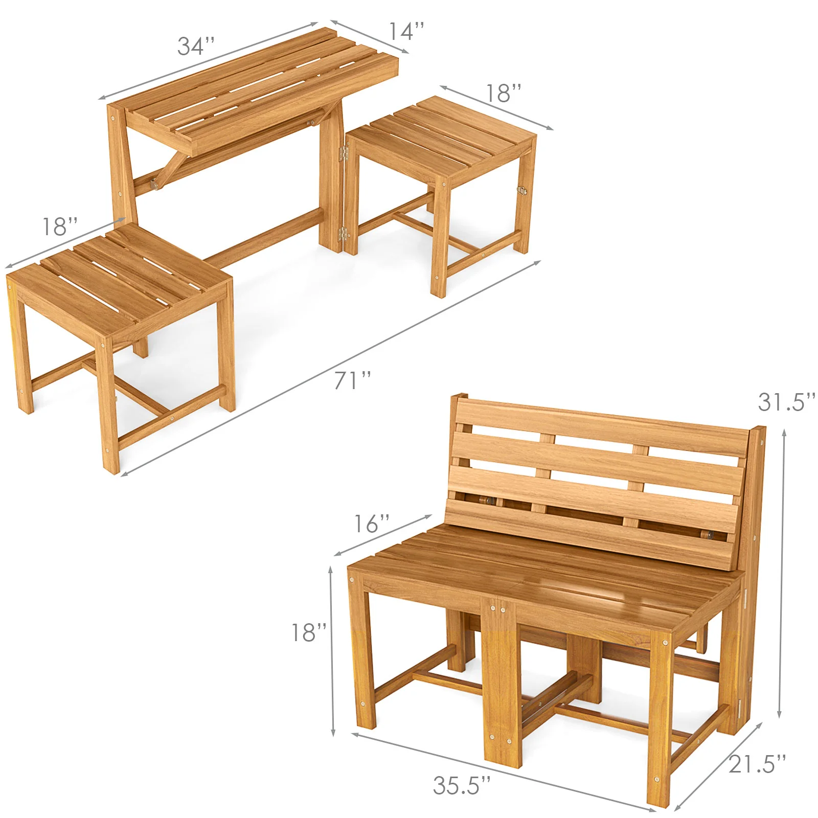 3-In-1 Outdoor Acacia Wood Loveseat Bench, Slatted Seat - Image 6