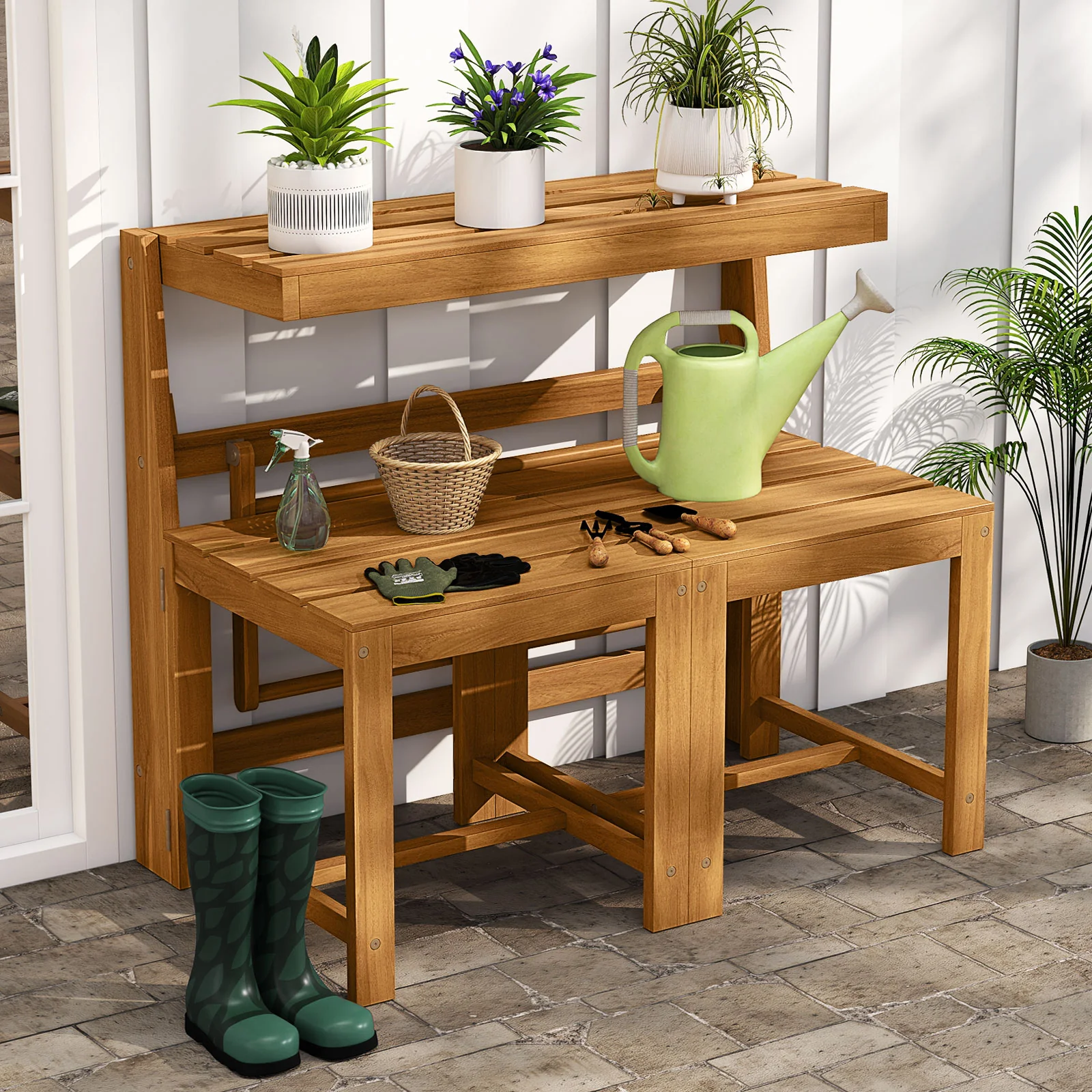 3-In-1 Outdoor Acacia Wood Loveseat Bench, Slatted Seat - Image 7