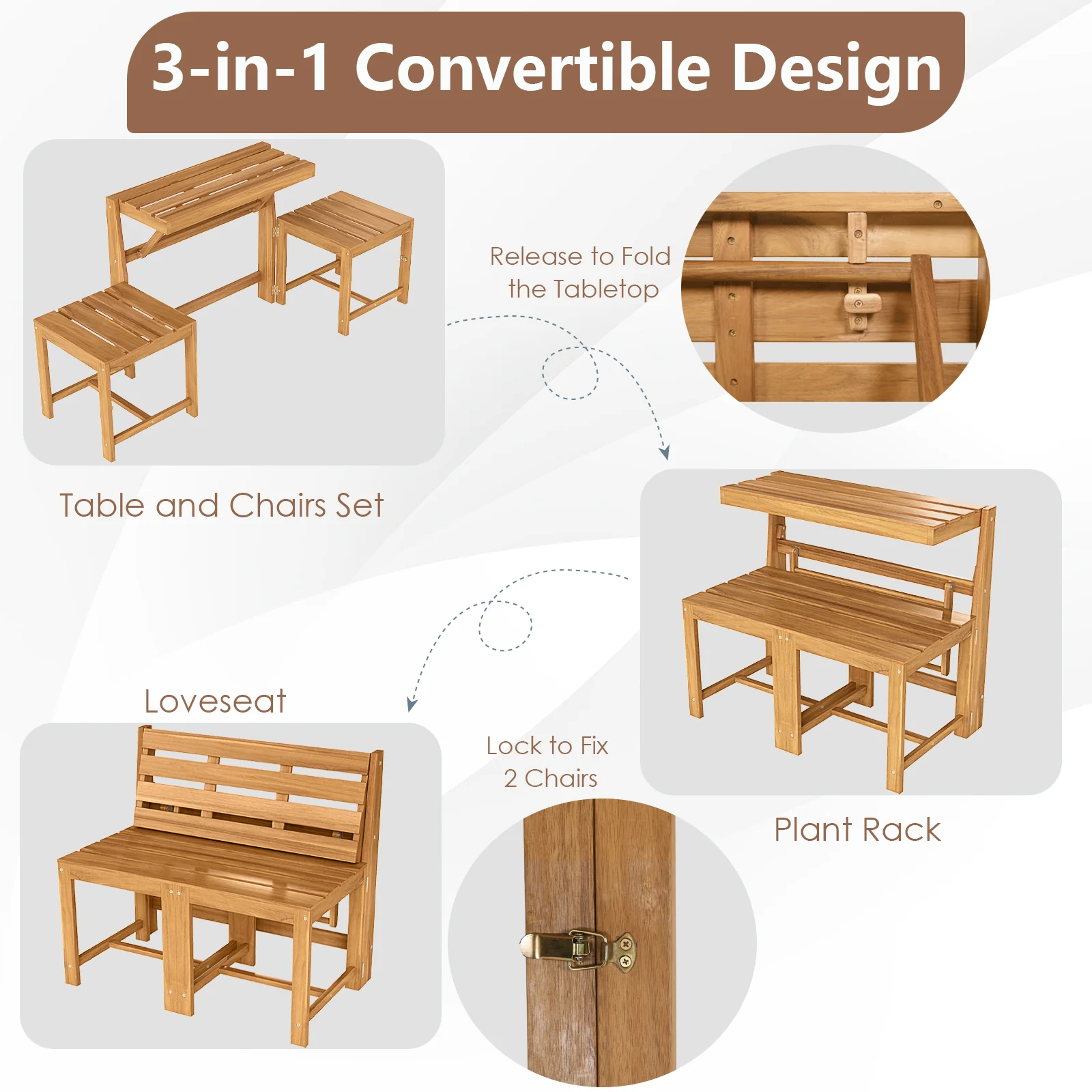 3-In-1 Outdoor Acacia Wood Loveseat Bench, Slatted Seat - Image 8