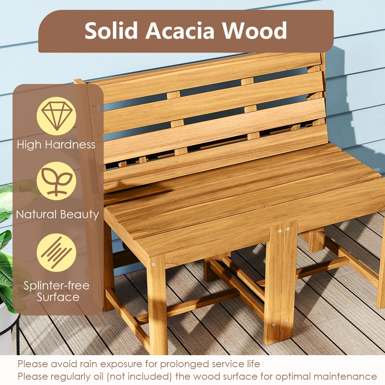 3-In-1 Outdoor Acacia Wood Loveseat Bench, Slatted Seat - Image 9