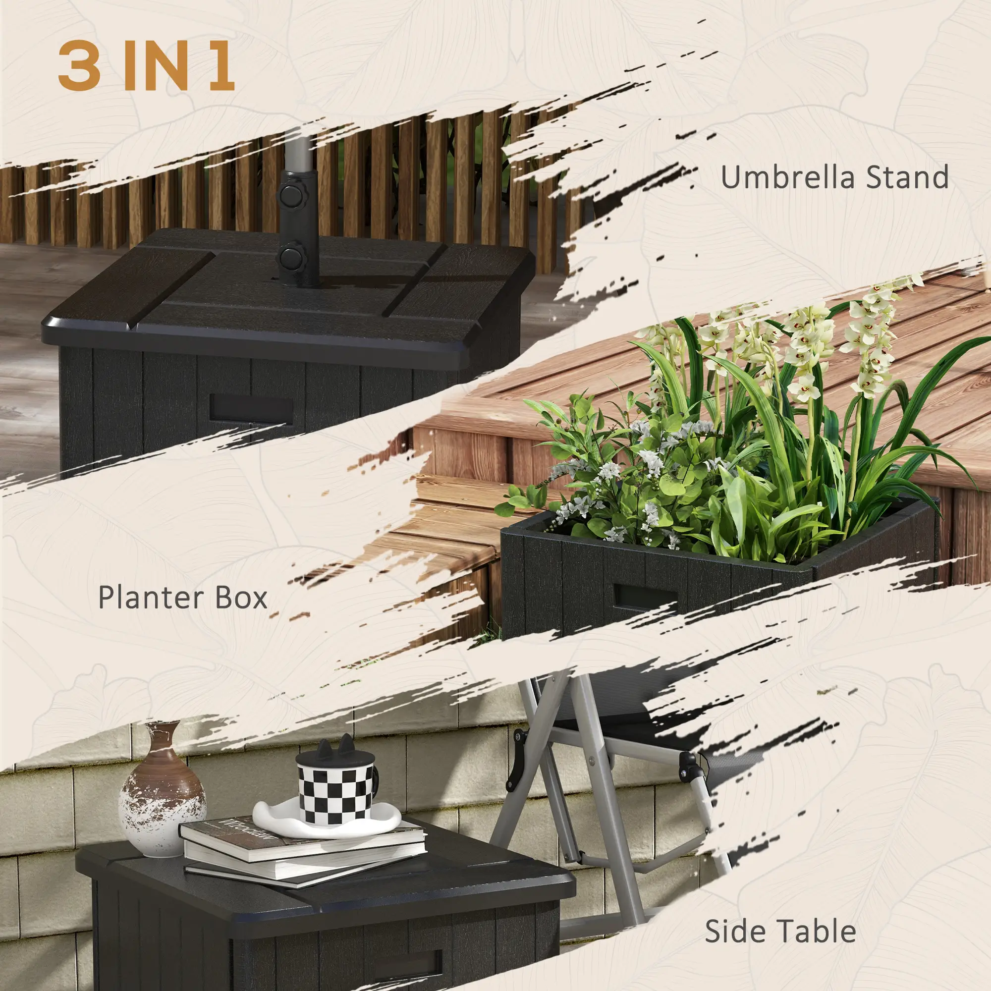 3-in-1 Outdoor Umbrella Base, End Table, Flower Box Planter, 176 lbs., Black - Image 4