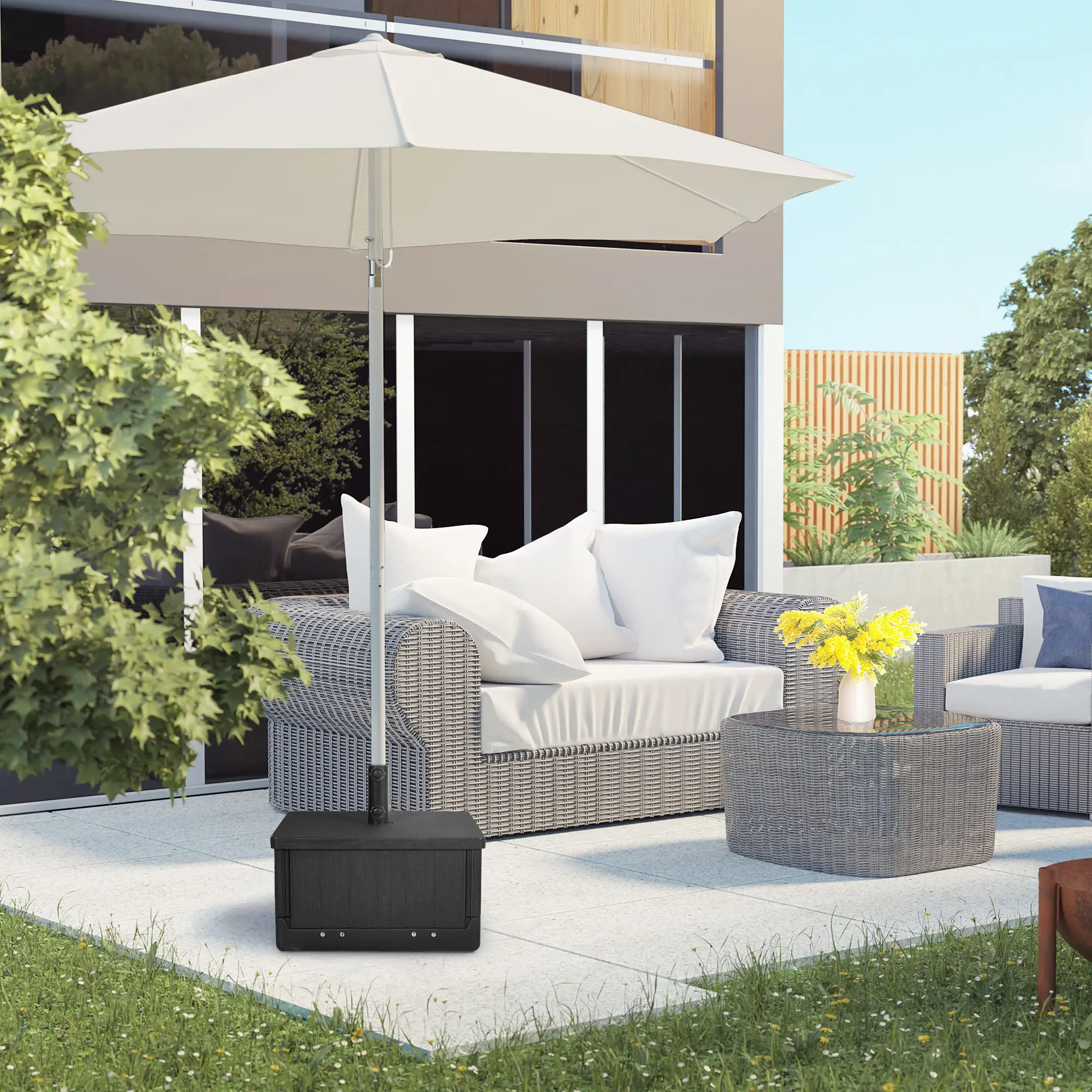 3-in-1 Outdoor Umbrella Base with Wheels, Side Table, Planter Box, 175lbs, Black - Image 8