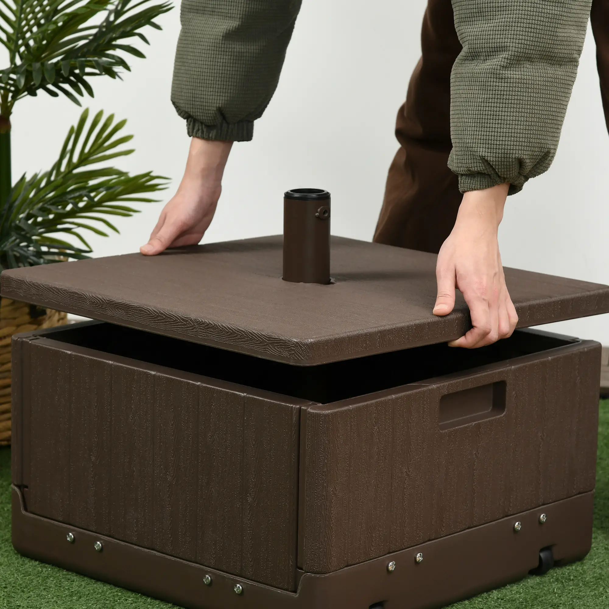 3-in-1 Outdoor Umbrella Base with Wheels, Side Table, Planter Box, 175lbs, Brown - Image 10