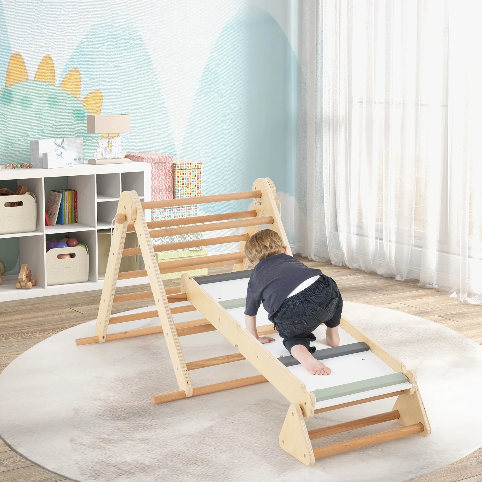 3-In-1 Pikler Triangle Climbing Set, Foldable, With Ramp, Natural - Image 2