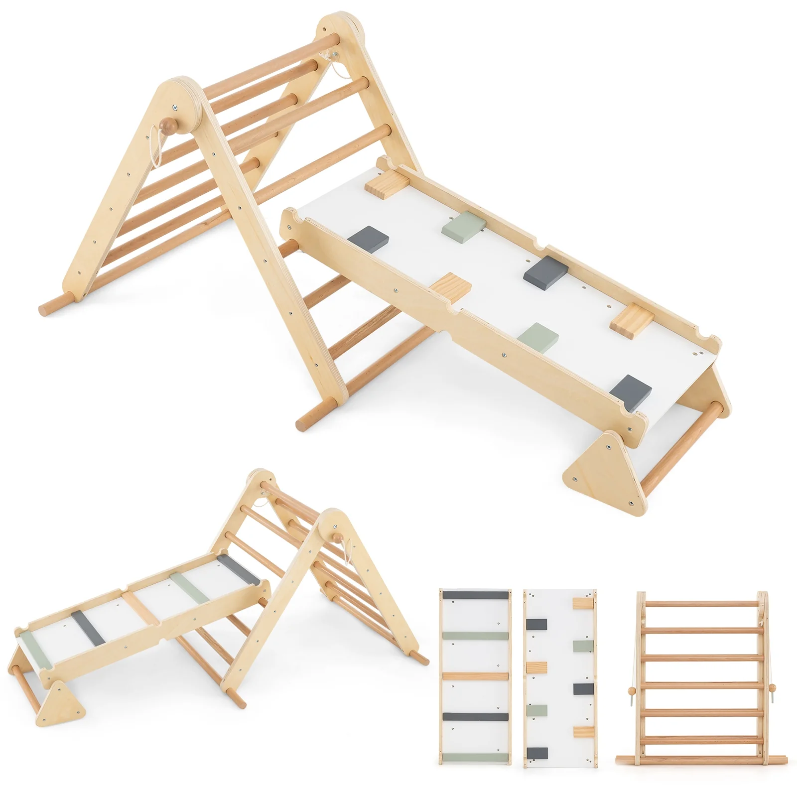 3-In-1 Pikler Triangle Climbing Set, Foldable, With Ramp, Natural - Image 5