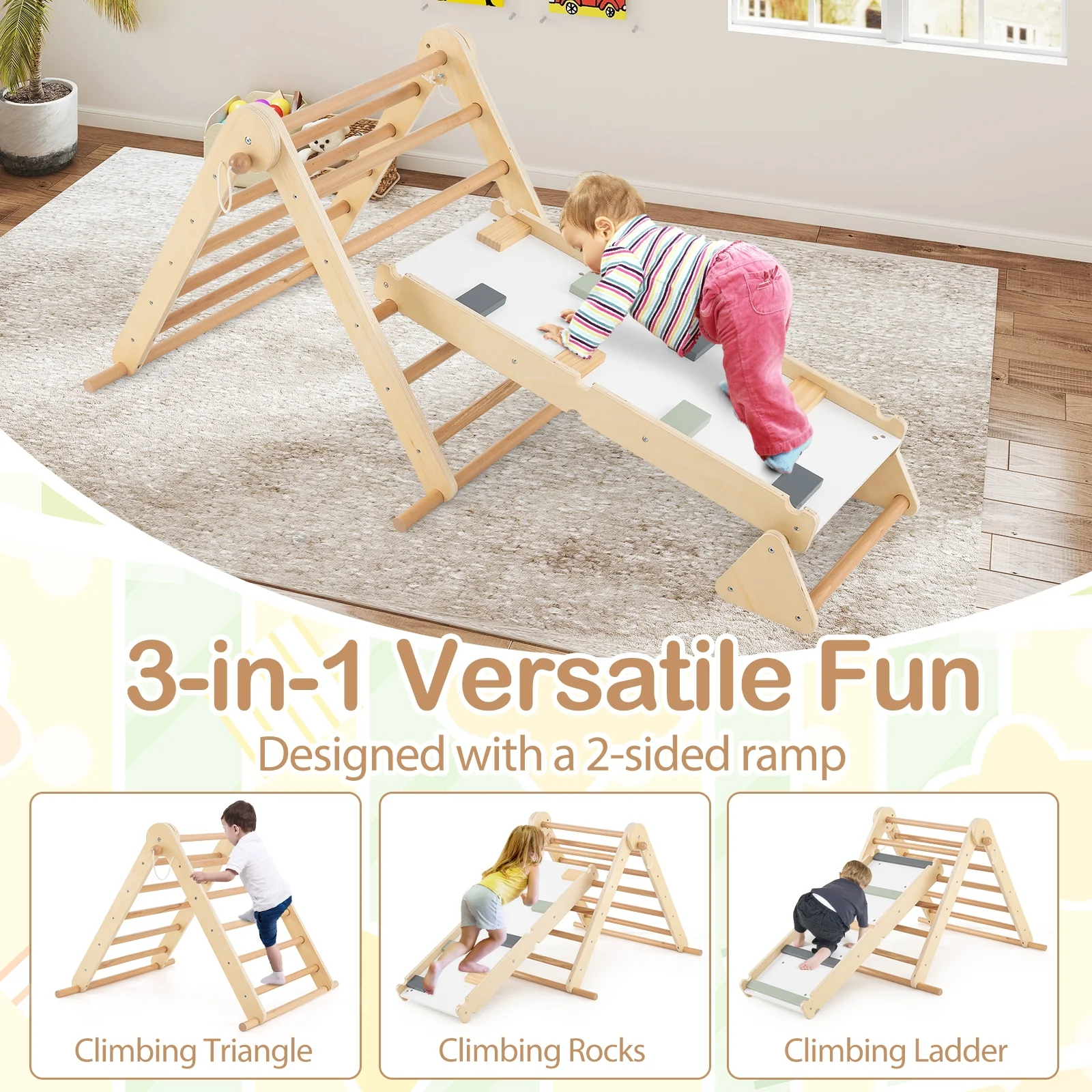 3-In-1 Pikler Triangle Climbing Set, Foldable, With Ramp, Natural - Image 7