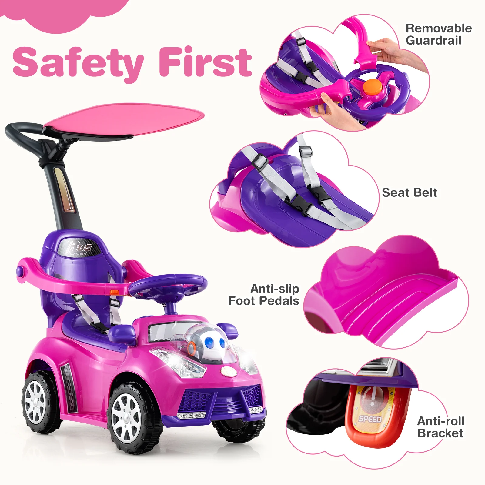 3 In 1 Push Car Stroller, Pink - Image 10