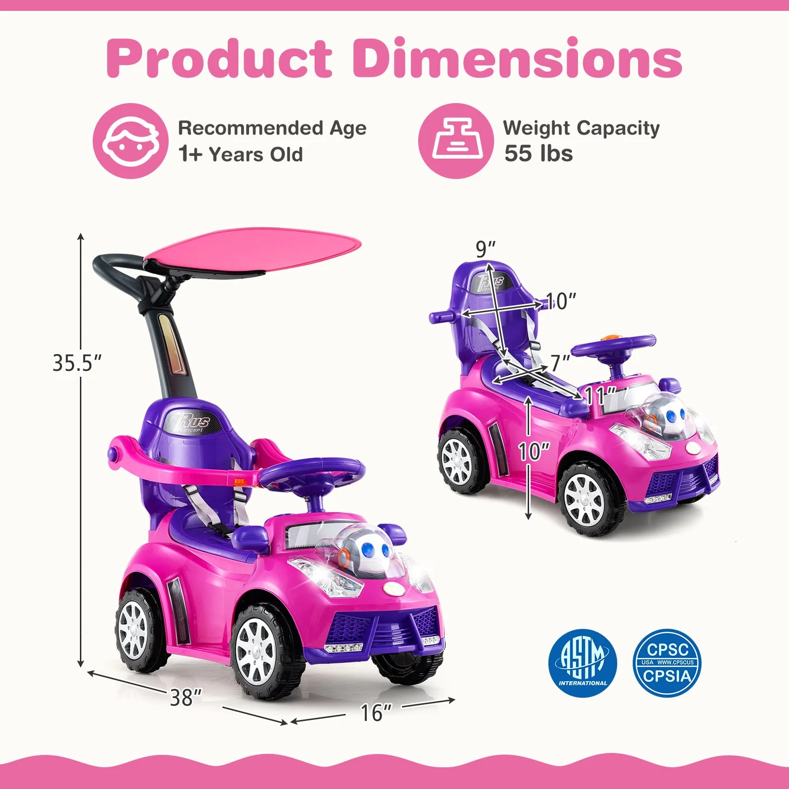 3 In 1 Push Car Stroller, Pink - Image 6