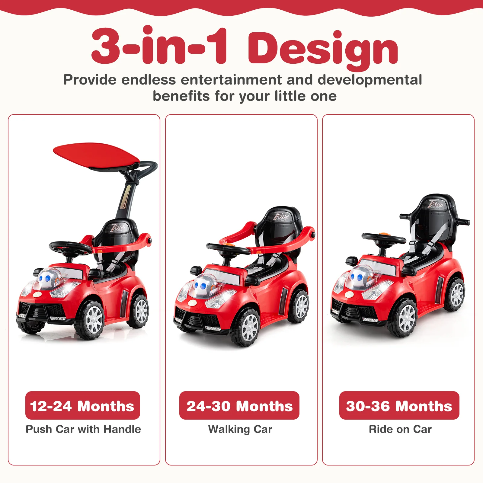 3 In 1 Push Car Stroller, Red - Image 8