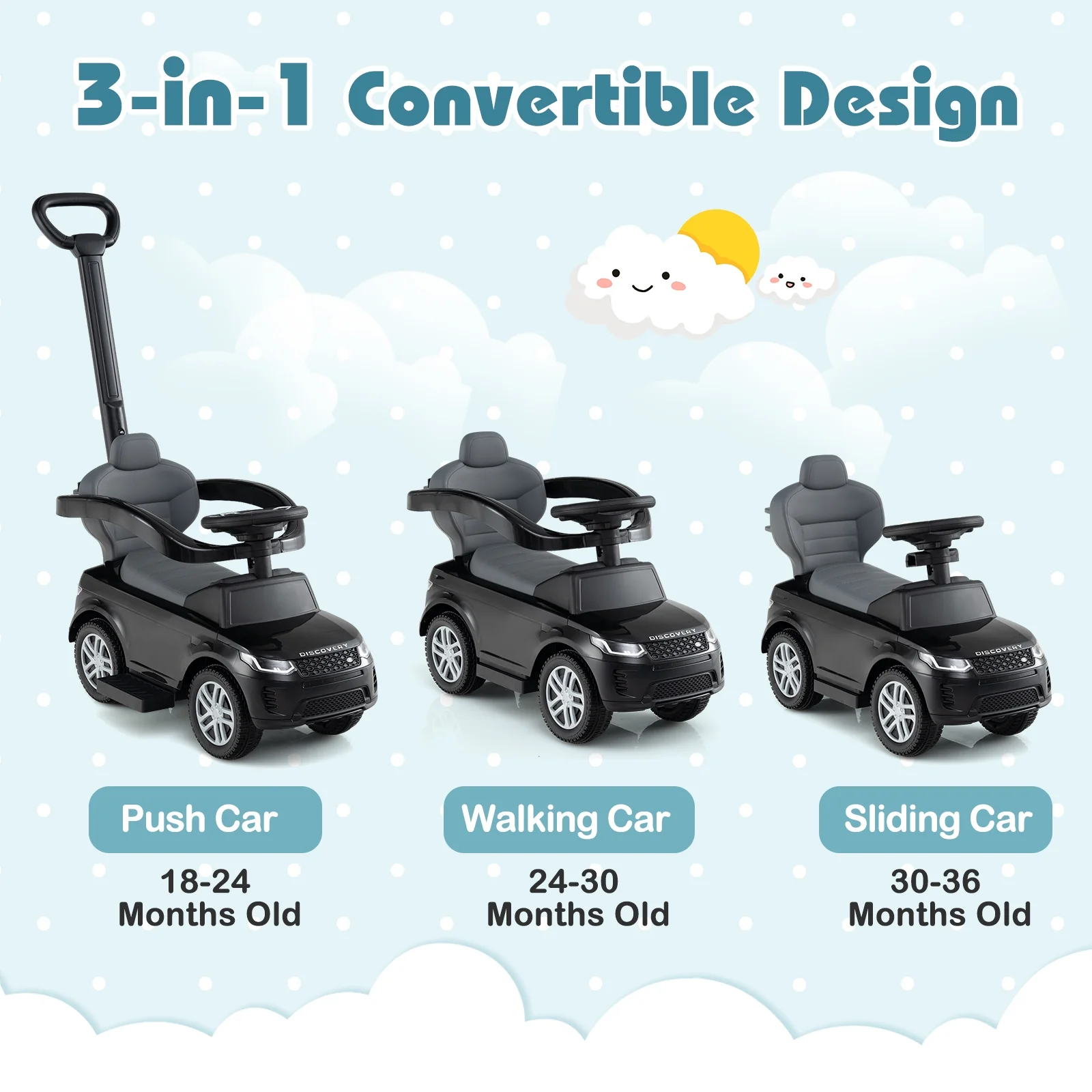 3 In 1 Push Car With Removable Handle, Guardrail, 18-36 Months, Black - Image 8
