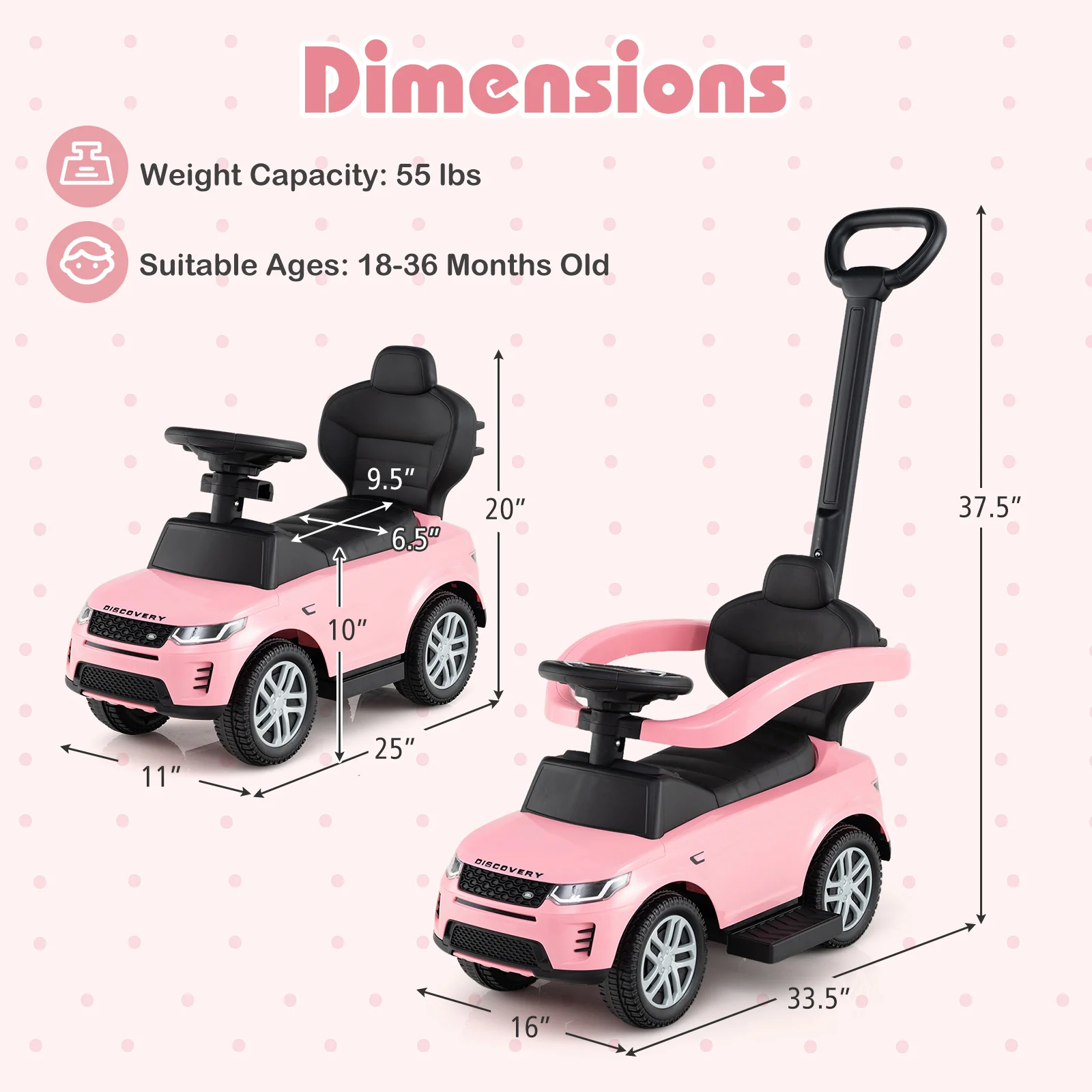 3 In 1 Push Car With Removable Handle, Guardrail, 18-36 Months, Pink - Image 6