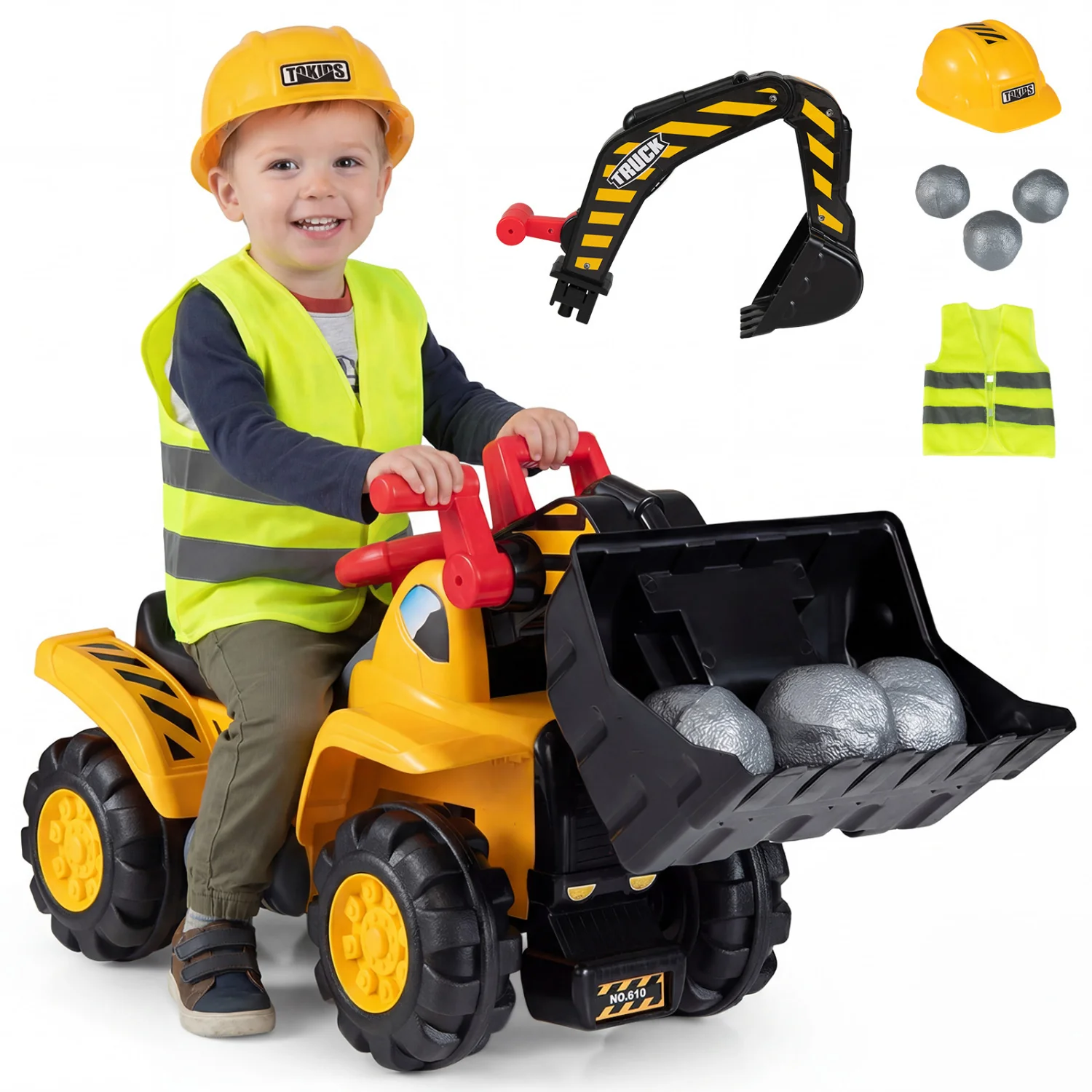 3-in-1 Ride on Excavator Bulldozer Detachable with Engine Sound and Helmet, Yellow