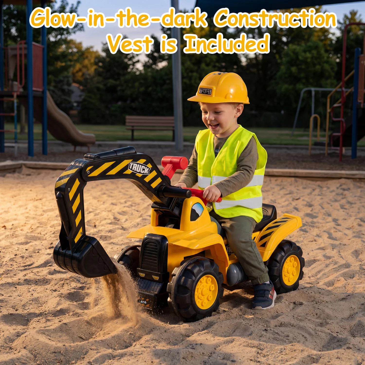 3-in-1 Ride on Excavator Bulldozer Detachable with Engine Sound and Helmet, Yellow - Image 3