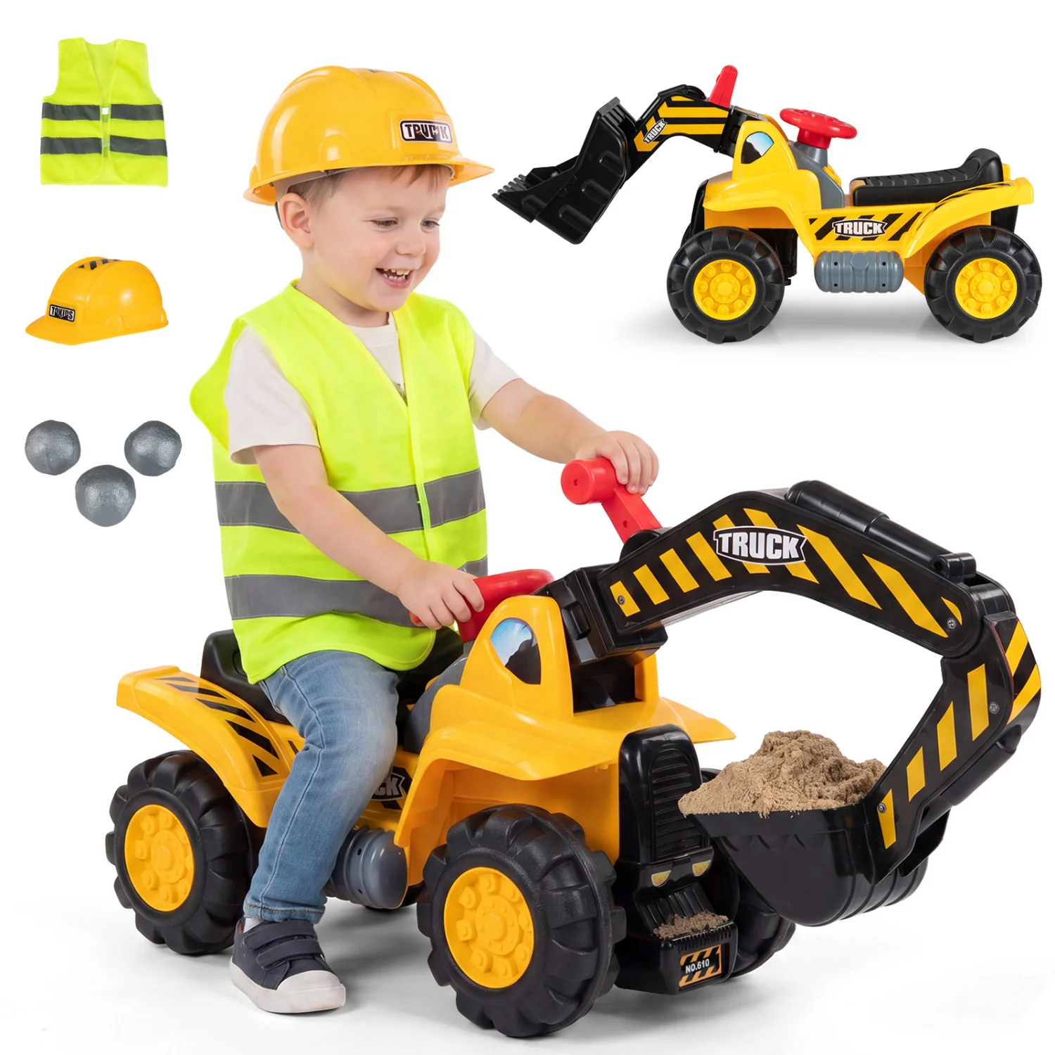 3-in-1 Ride on Excavator Bulldozer Detachable with Engine Sound and Helmet, Yellow - Image 4