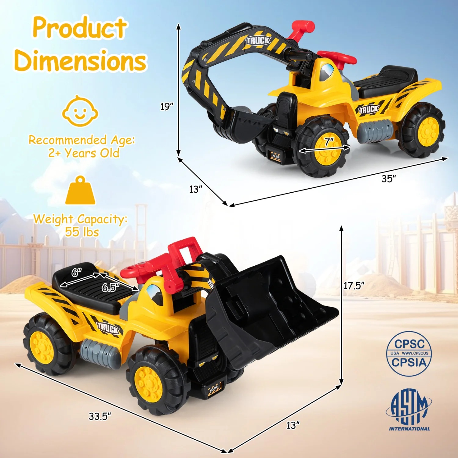 3-in-1 Ride on Excavator Bulldozer Detachable with Engine Sound and Helmet, Yellow - Image 5