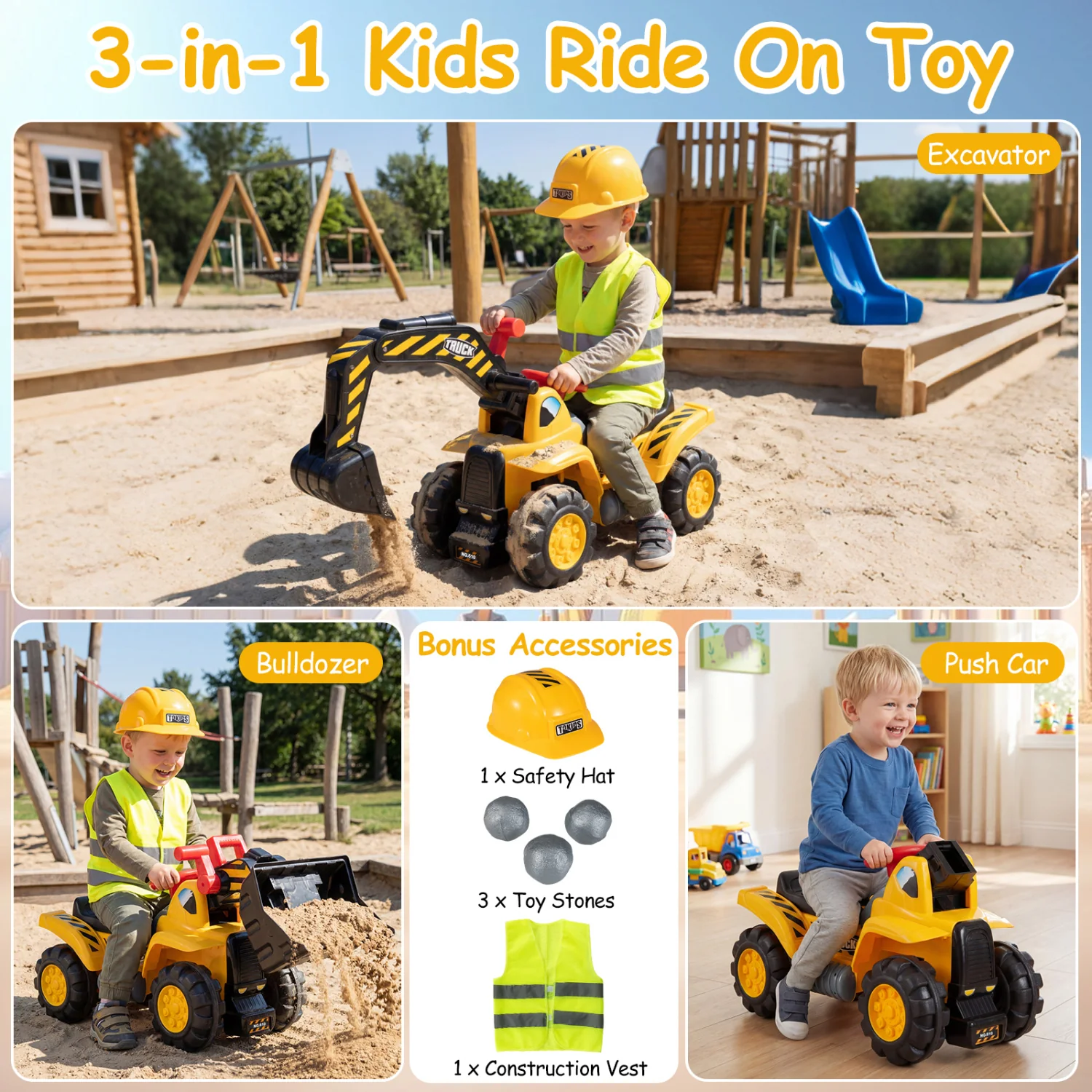 3-in-1 Ride on Excavator Bulldozer Detachable with Engine Sound and Helmet, Yellow - Image 6