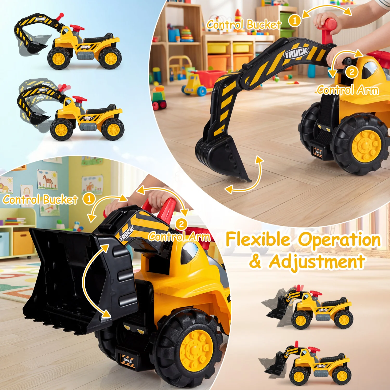 3-in-1 Ride on Excavator Bulldozer Detachable with Engine Sound and Helmet, Yellow - Image 7