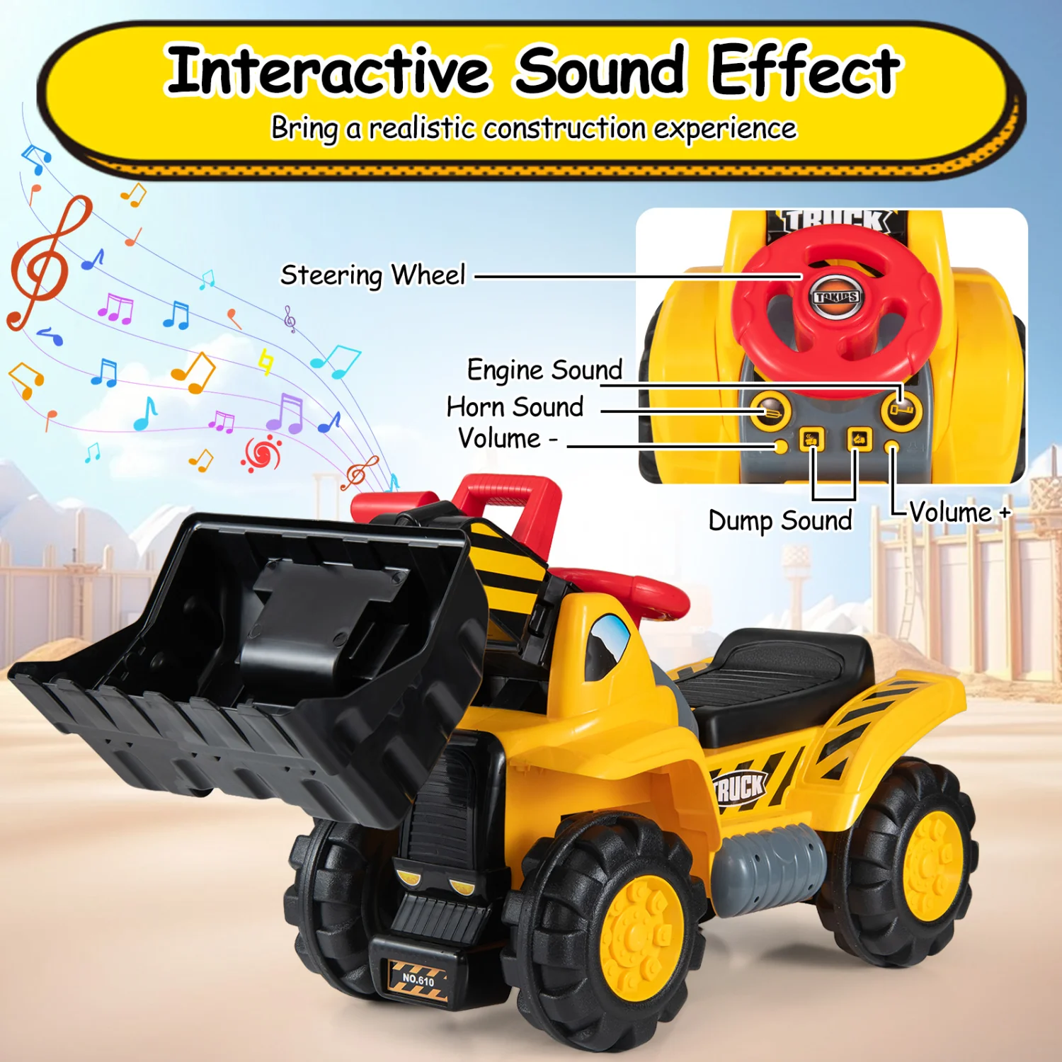 3-in-1 Ride on Excavator Bulldozer Detachable with Engine Sound and Helmet, Yellow - Image 8